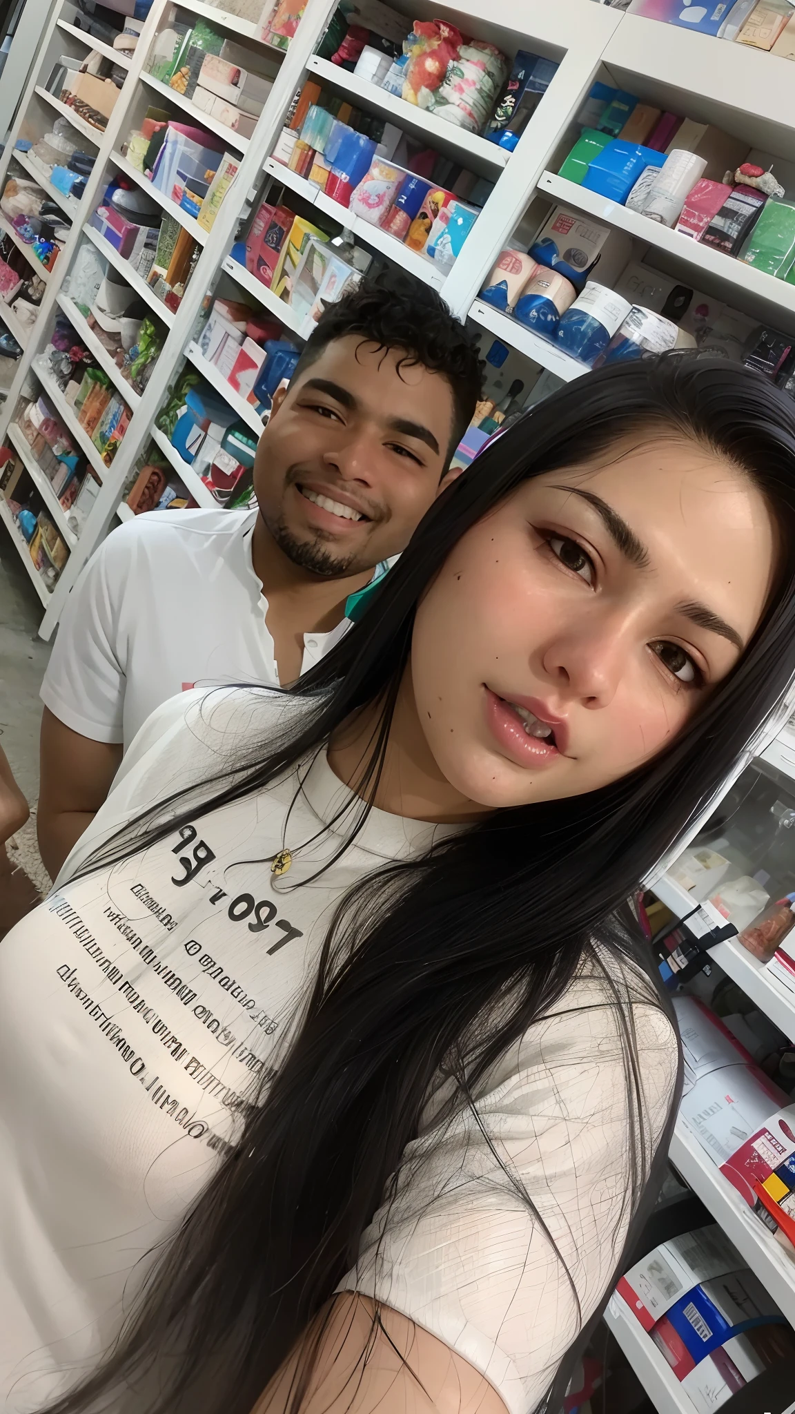 There are two people standing in a store with a shelf full of medicine, imagem de perfil, Malika Favre, Parece Fabiula Nascimento, foto do perfil, Directed by: Nandor Soldier, Karla Ortiz, andrea rocha, Directed by: Felipe Seade, foto de perfil, imagem de qualidade muito baixa, Directed by: Emerson Silva, Tiro em GoPro9, fernanda suarez