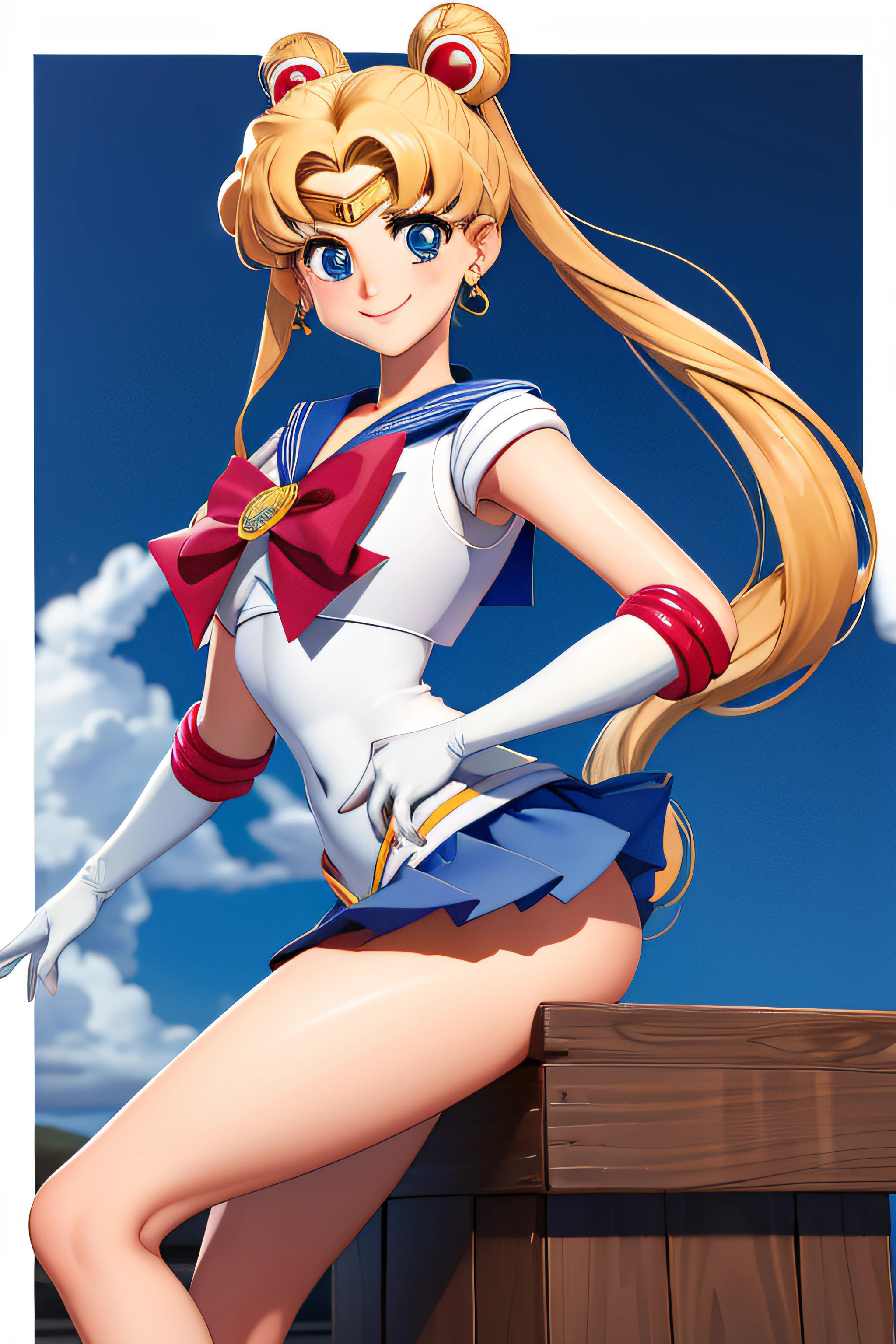 masterpiece, best quality, absurdres, perfect antomy, 1girl, solo, SMMoon, 1990s \(style\), blonde sailor moon, standing, smile, cowboy shot, sailor senshi uniform, sailor collar, blue skirt, elbow gloves, in back pose, show her booty, backwards, no thong big booty, ultra mini skirt sitting crossed legged, cross legs,