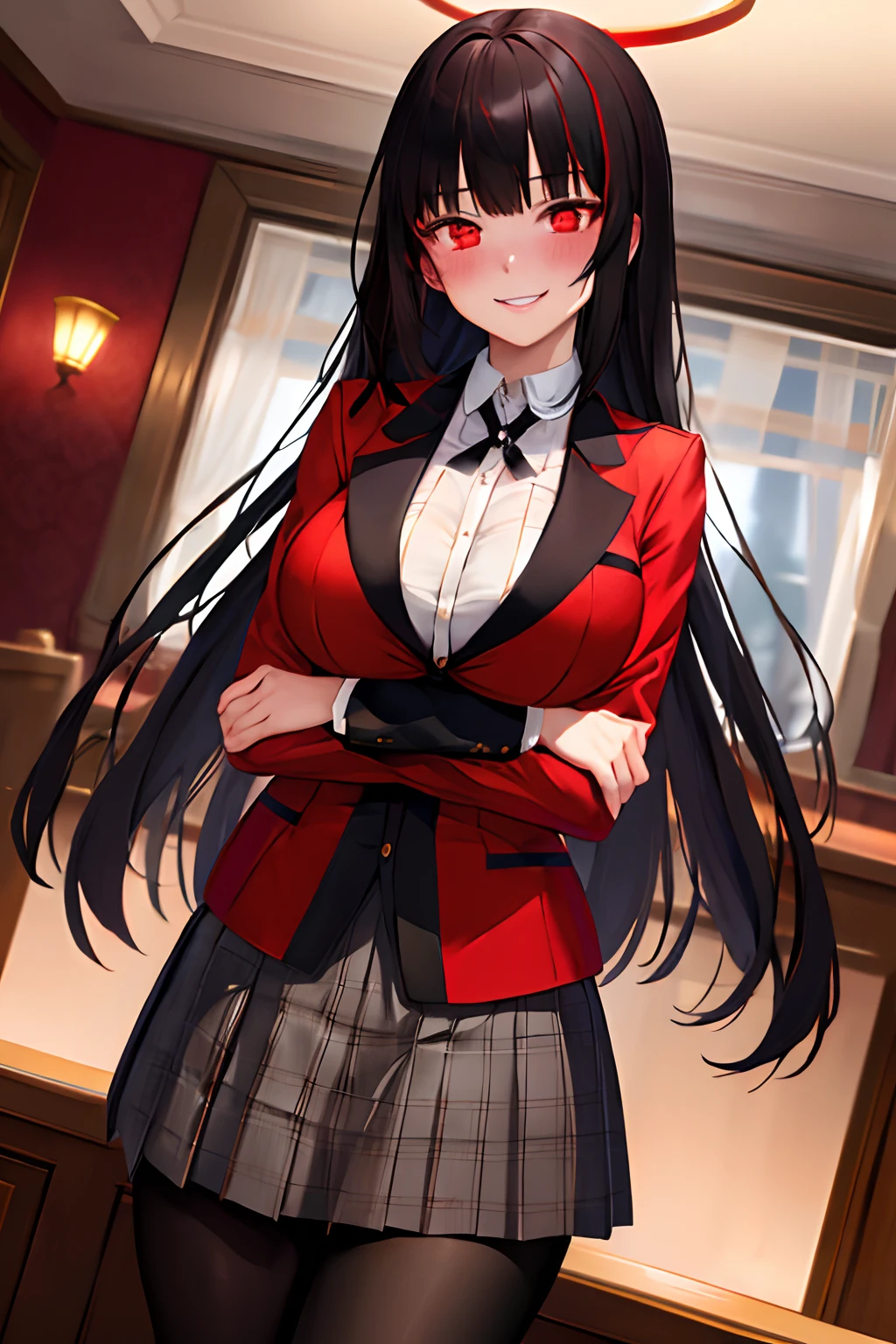 masterpiece, top-quality, hight resolution, hmjy1, length hair, bluntbangs, 校服, a red jacket, Black pantyhose, white shirt, a black ribbon, pleatedskirt, long-sleeve, cowboy shot, radiant eyes, red blush, evil smile, sitting on, Classroom, dark backgrounds, cleavage of the breast、underpants