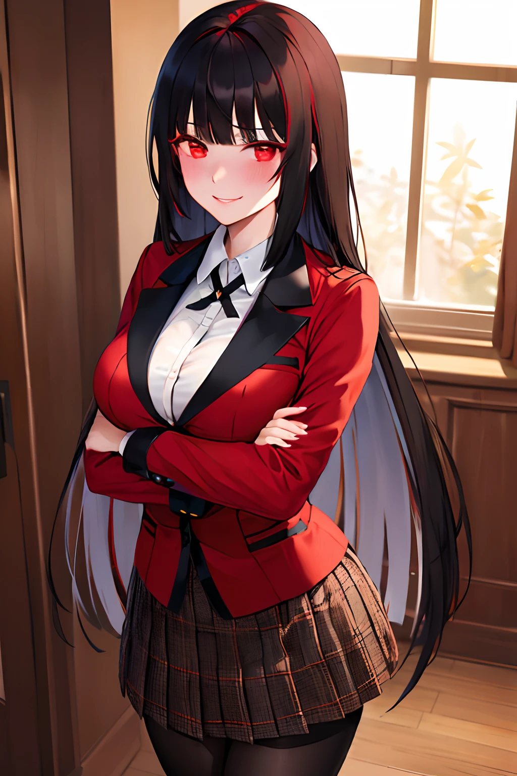 masterpiece, best quality, highres, hmjy1, long hair, blunt bangs, red eyes, school uniform, red jacket, blazer, pantyhose, white shirt, black ribbon, pleated skirt, cowboy shot, indoors, casino, crossed arms, glowing eyes, evil smile, blush