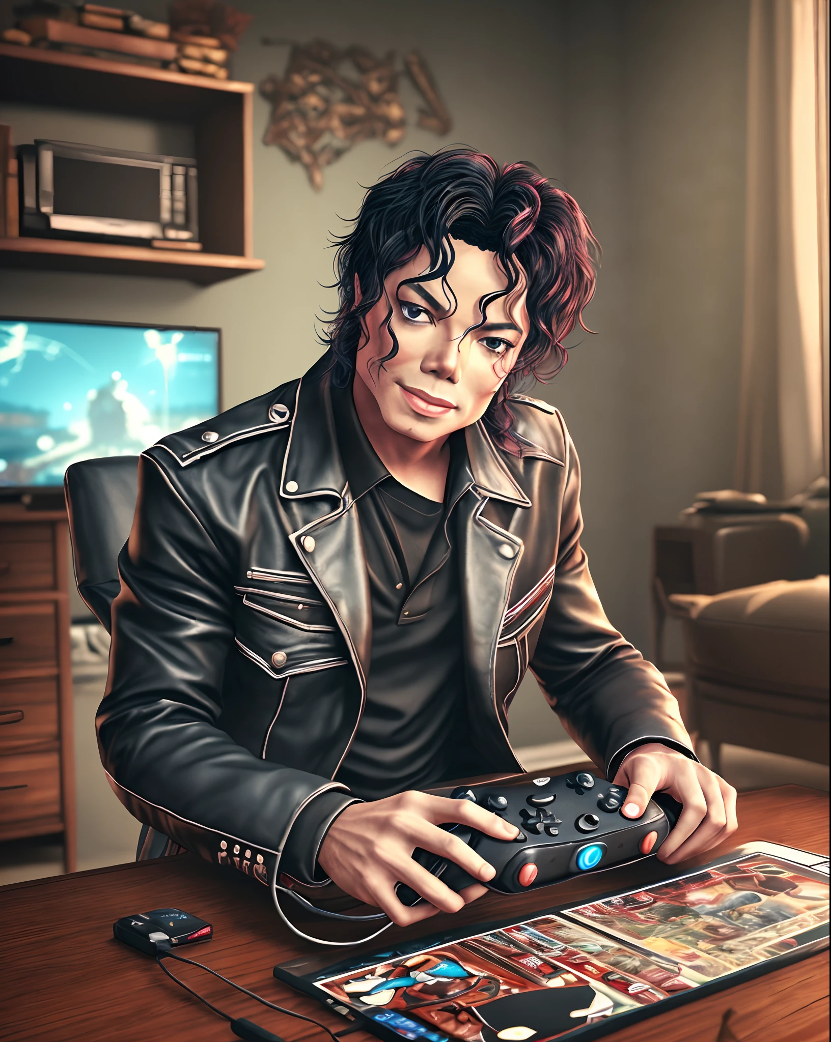 Michael Jackson playing video games, cinematic photographic style, UHD, -- resolution 1 : 1 - --auto --s2
