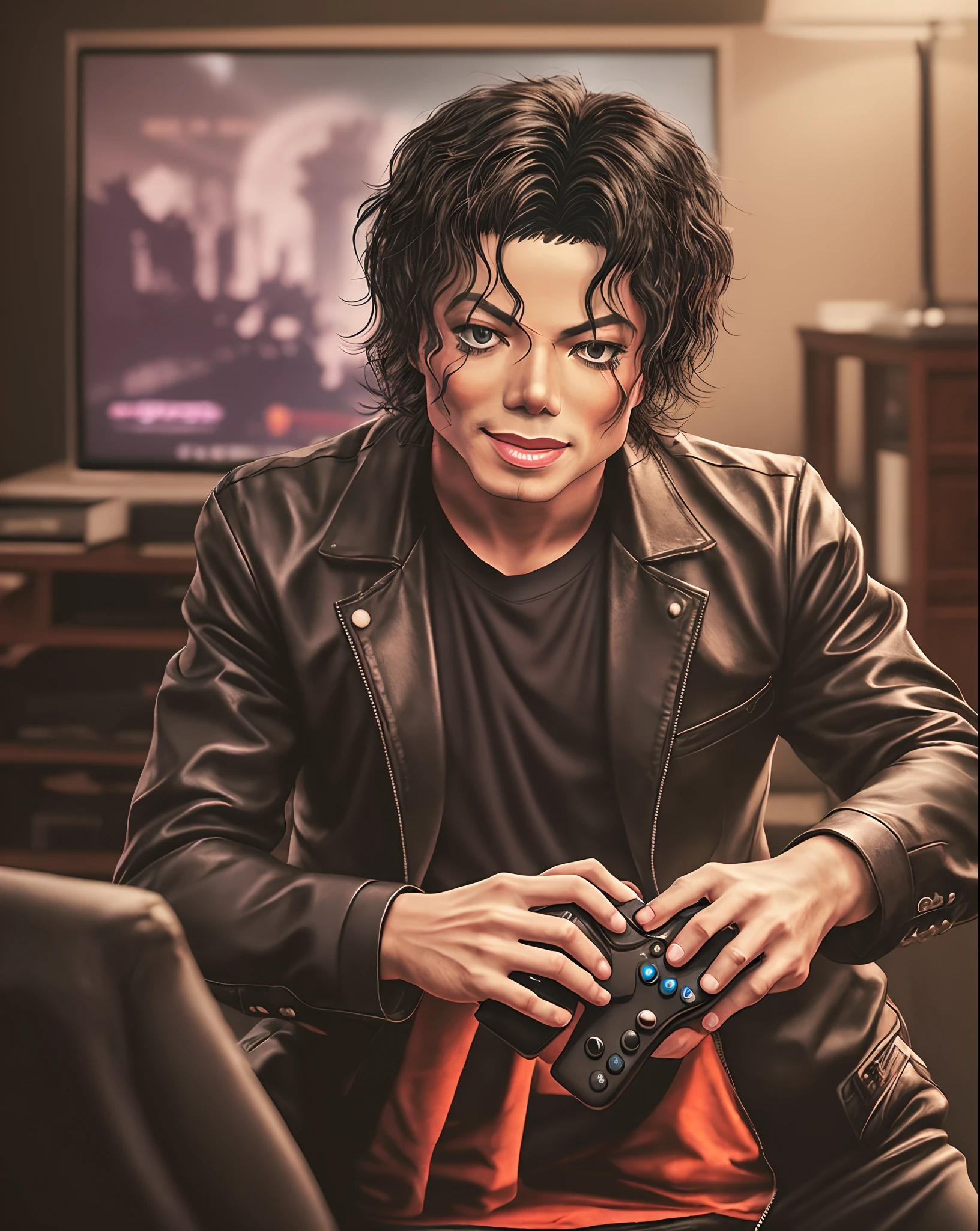 Michael Jackson playing video games, cinematic photographic style, UHD, -- resolution 1 : 1 - --auto --s2