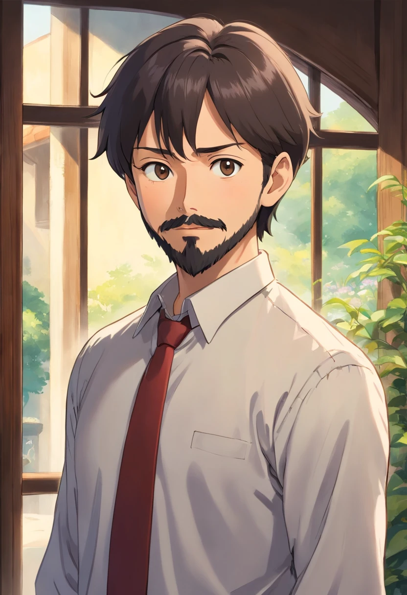 The man in the image is wearing a dress shirt, which suggests that he is dressed for a formal or professional event. His full beard and mustache give him a well-groomed and polished look. Short black hair with a little topknot. He is standing in front of a window, which provides a natural light source and a pleasant backdrop for the photo. The man appears to be serious, indicating that he is in a positive and visionary mood. The overall scene conveys a sense of confidence and professionalism. Realistic image.