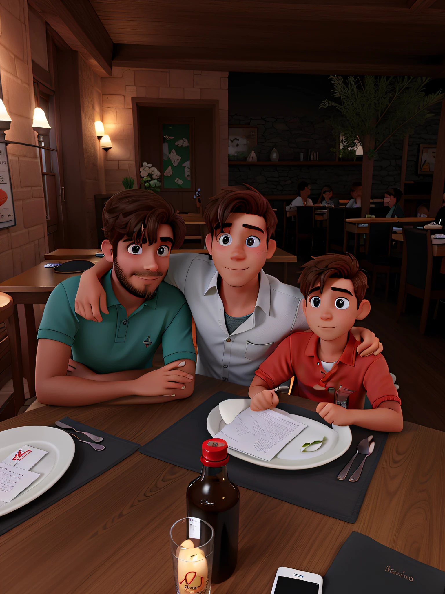 Homem moreno com dois filhos em uma mesa de restaurante, alta qualidade, melhro qualidade