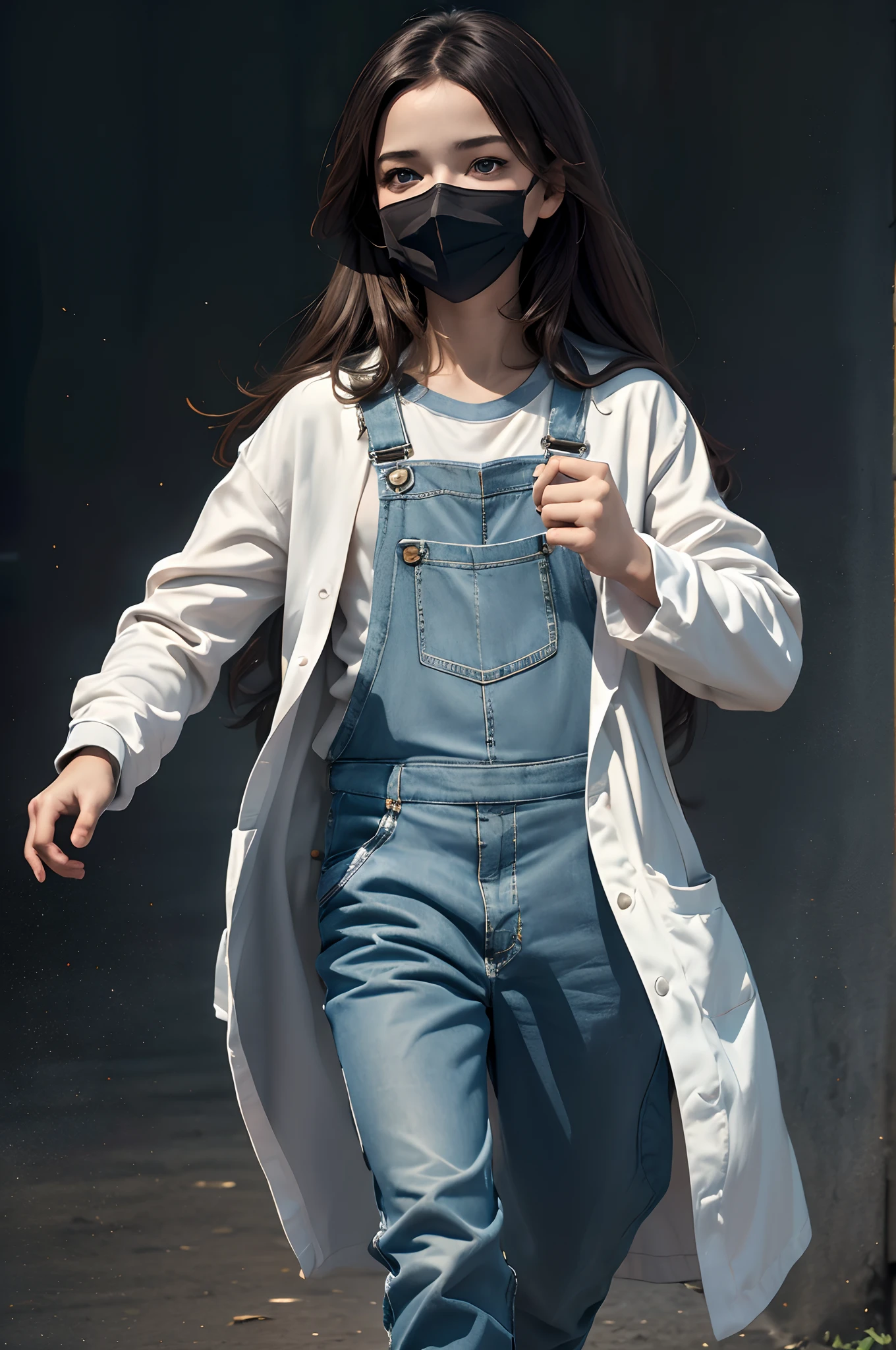 best quality,ultra-detailed,realistic,(portrait,boy,full body),walking,far away,long brown hair,blue eyes,wearing overalls,white shirt,white lab coat with long sleeves,vivid colors,sharp focus,studio lighting,medium:oil painting,impressionistic,colorful background,detailed facial expression,playful and cheerful mood,lively and dynamic pose,light and shadow contrast,painted with precise brushstrokes, [nsfw]“(best quality,4k,8k,highres,masterpiece:1.2),ultra-detailed,(realistic,photorealistic,photo-realistic:1.37),dark blue mask,black mask”