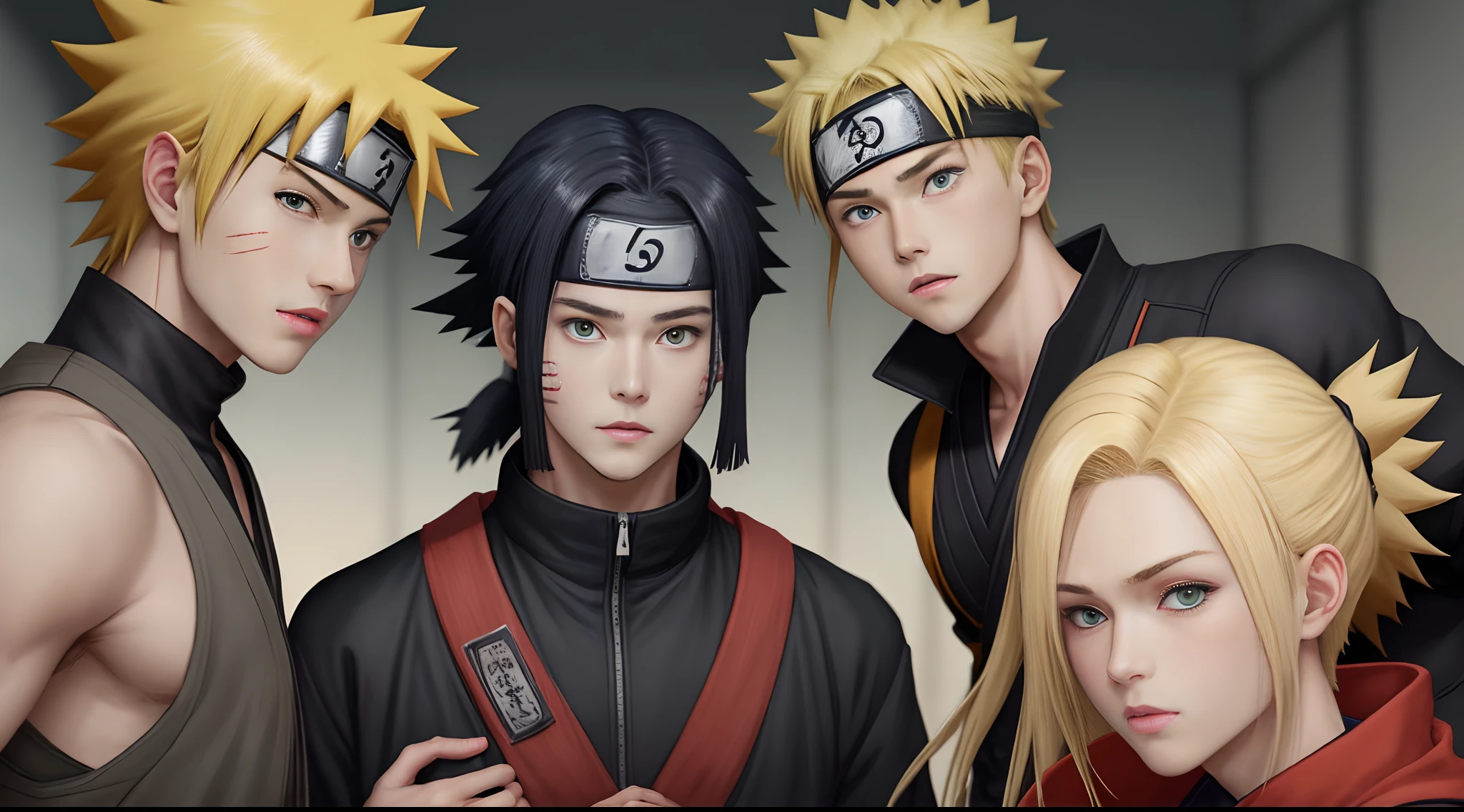 Naruto Uzumaki is introduced as a blond young boy, cabelos arrepiados e olhos azuis. Ele frequentemente veste uma jaqueta laranja. After his ninja graduation he begins to wear a forehead protector that denotes his position as a ninja of the Hidden Leaf Village.