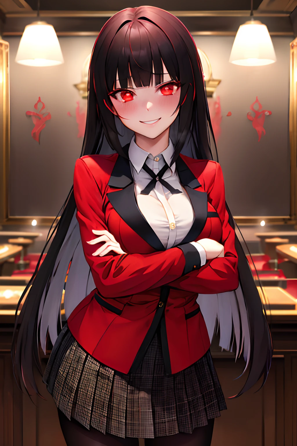masterpiece, best quality, highres, hmjy1, long hair, blunt bangs, red eyes, school uniform, red jacket, blazer, pantyhose, white shirt, black ribbon, pleated skirt, cowboy shot, indoors, casino, crossed arms, glowing eyes, evil smile, blush