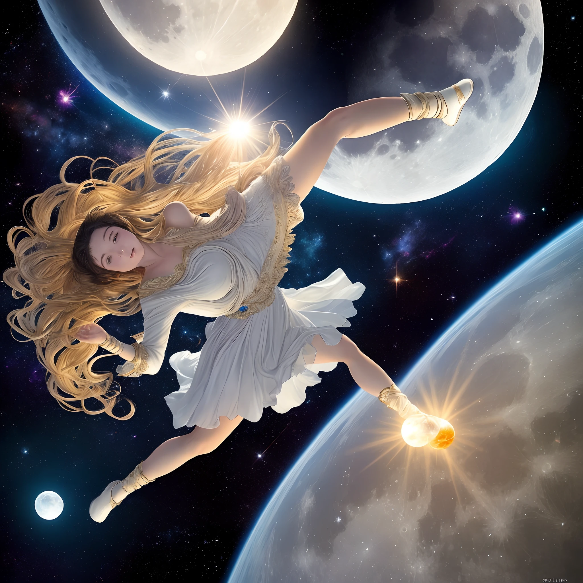 Beautiful moon goddess in space Flying to the universe with the sun god