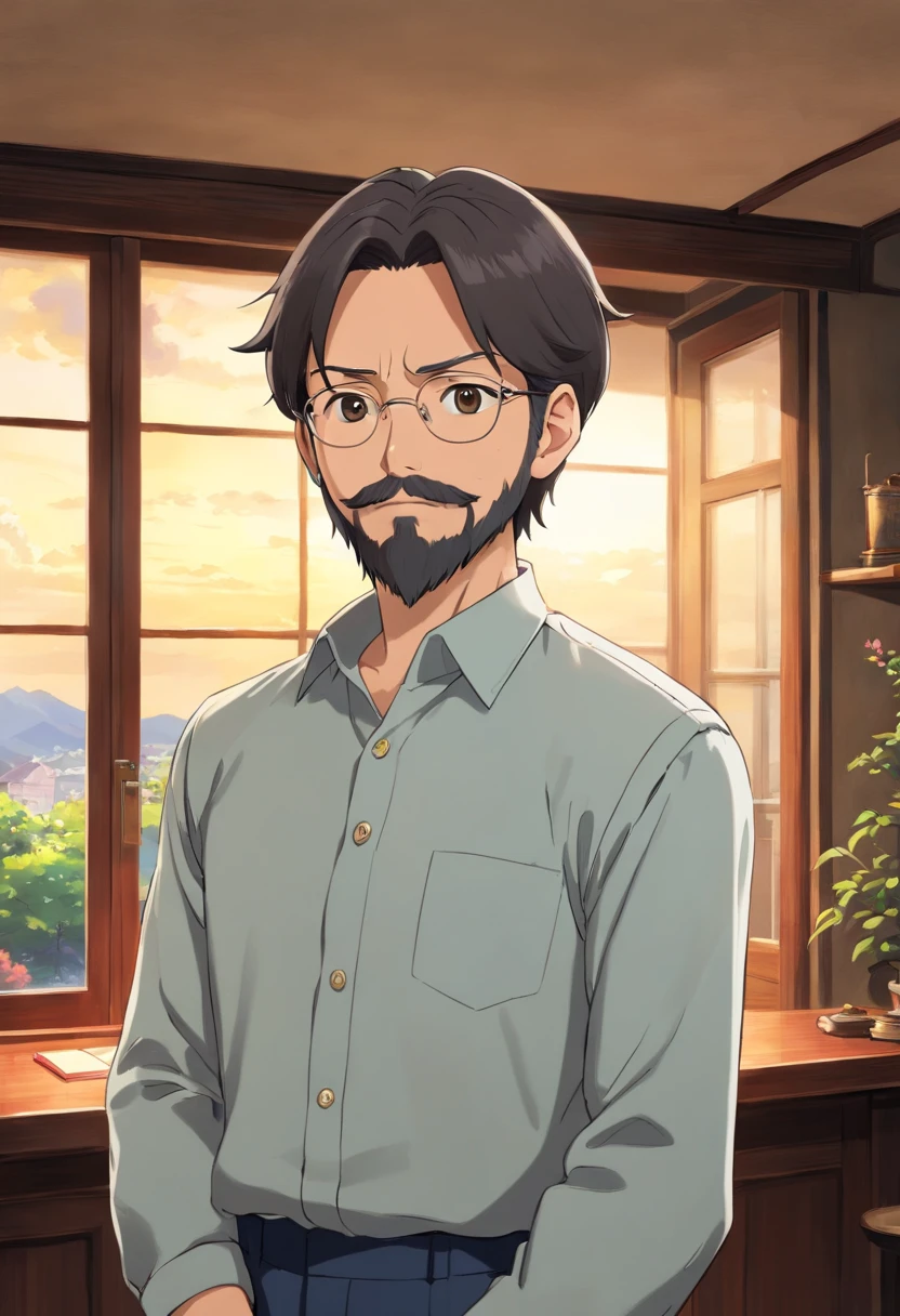 The man in the image is wearing a dress shirt, which suggests that he is dressed for a formal or professional event. His full beard conected with mustache give him a well-groomed and polished look. Short black hair with a little topknot. He is standing in front of a window, which provides a natural light source and a pleasant backdrop for the photo. The man appears to be serious, indicating that he is in a positive and visionary mood. The overall scene conveys a sense of confidence and professionalism. Realistic image.