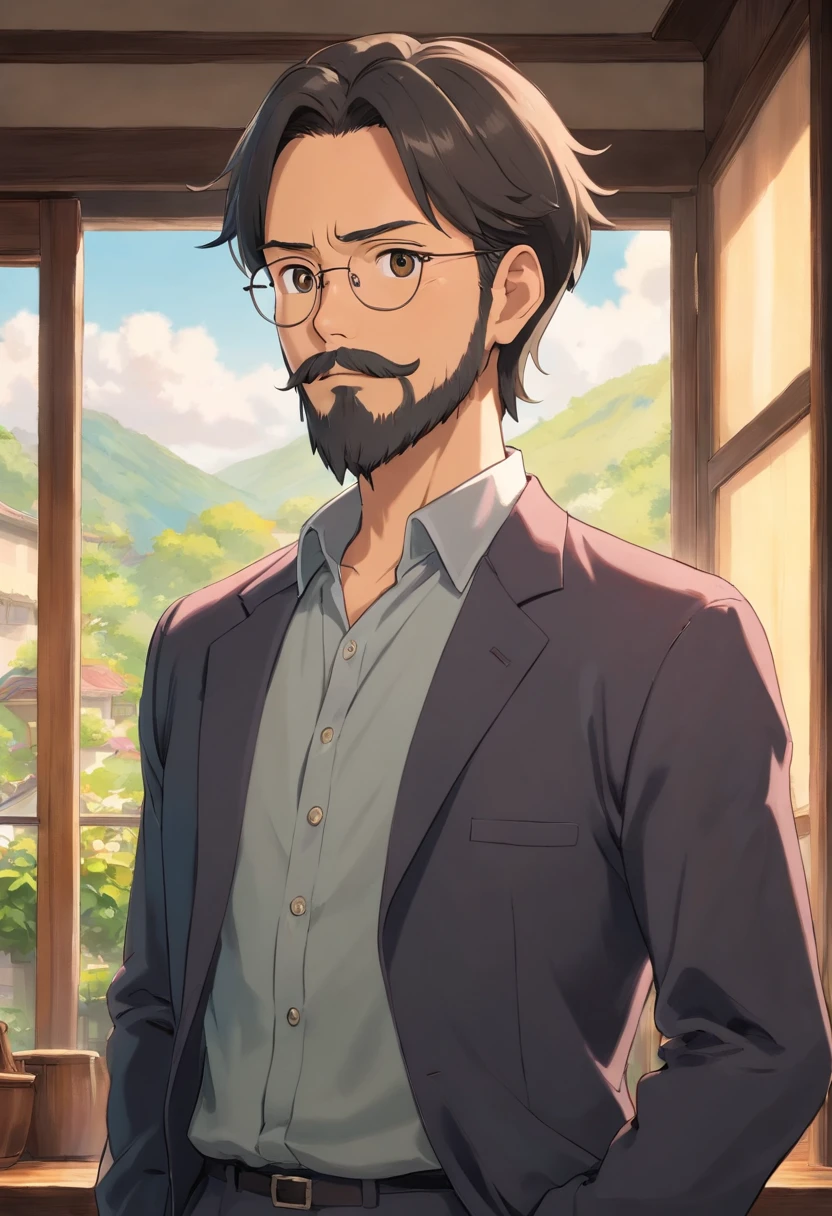 The man in the image is wearing a dress shirt, which suggests that he is dressed for a formal or professional event. His full beard conected with mustache give him a well-groomed and polished look. Short black hair with a little topknot. He is standing in front of a window, which provides a natural light source and a pleasant backdrop for the photo. The man appears to be serious, indicating that he is in a positive and visionary mood. The overall scene conveys a sense of confidence and professionalism. Realistic image.