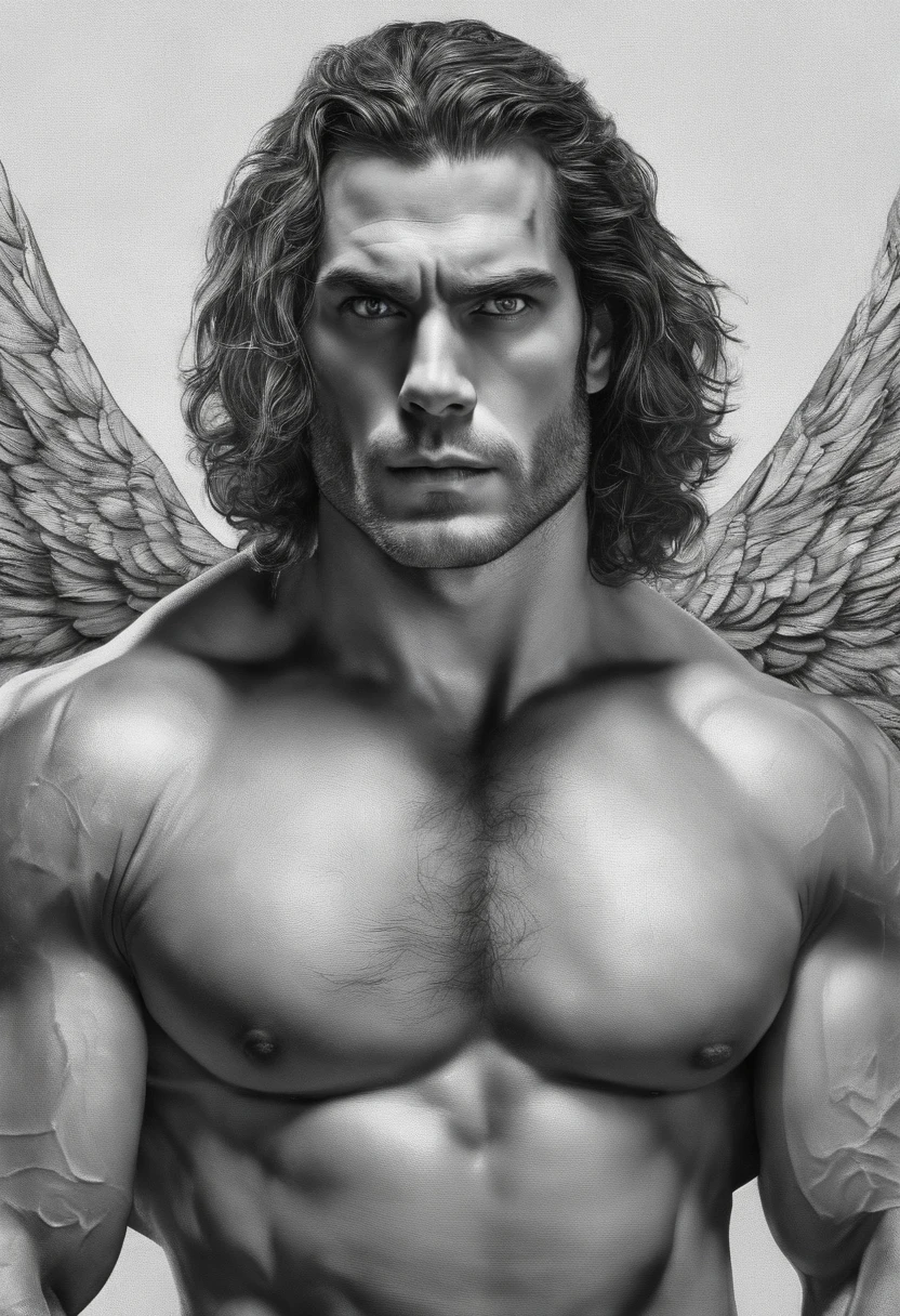 Um anjo pelado,seminu, Shining in the sky,seu rosto parece com o Henry cavill. His body is muscular and pectoral defined. tanquinho. virilha. Cochas, cabelos contra o vento.  Asas enormes indo e vindo.  Mostrando gloria e resplendor.