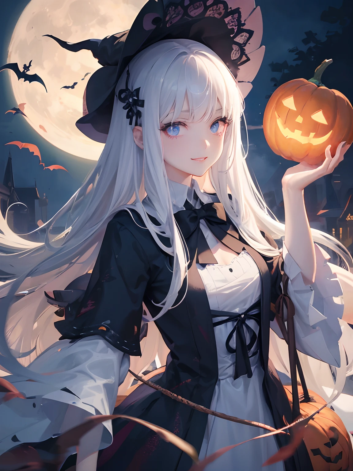 masutepiece, Highest Quality, (Perfect face:1.1), (high detailing:1.1), (ultradetailed eyes), Dramatic, superfine illustration, Extremely detailed, 1girl in, (pale skin), long white hair, Ethereal eyes, (light eyebrow), Solo, Long hair, Pouty lips, Cinematic lighting, Halloween Witch, ((Lovely smile)),Wizard robes, Wizard Hat, Jack-o'-lantern, Night, moon lighting, BREAK, Halloween atmosphere,(Half-body image:1.5), ,