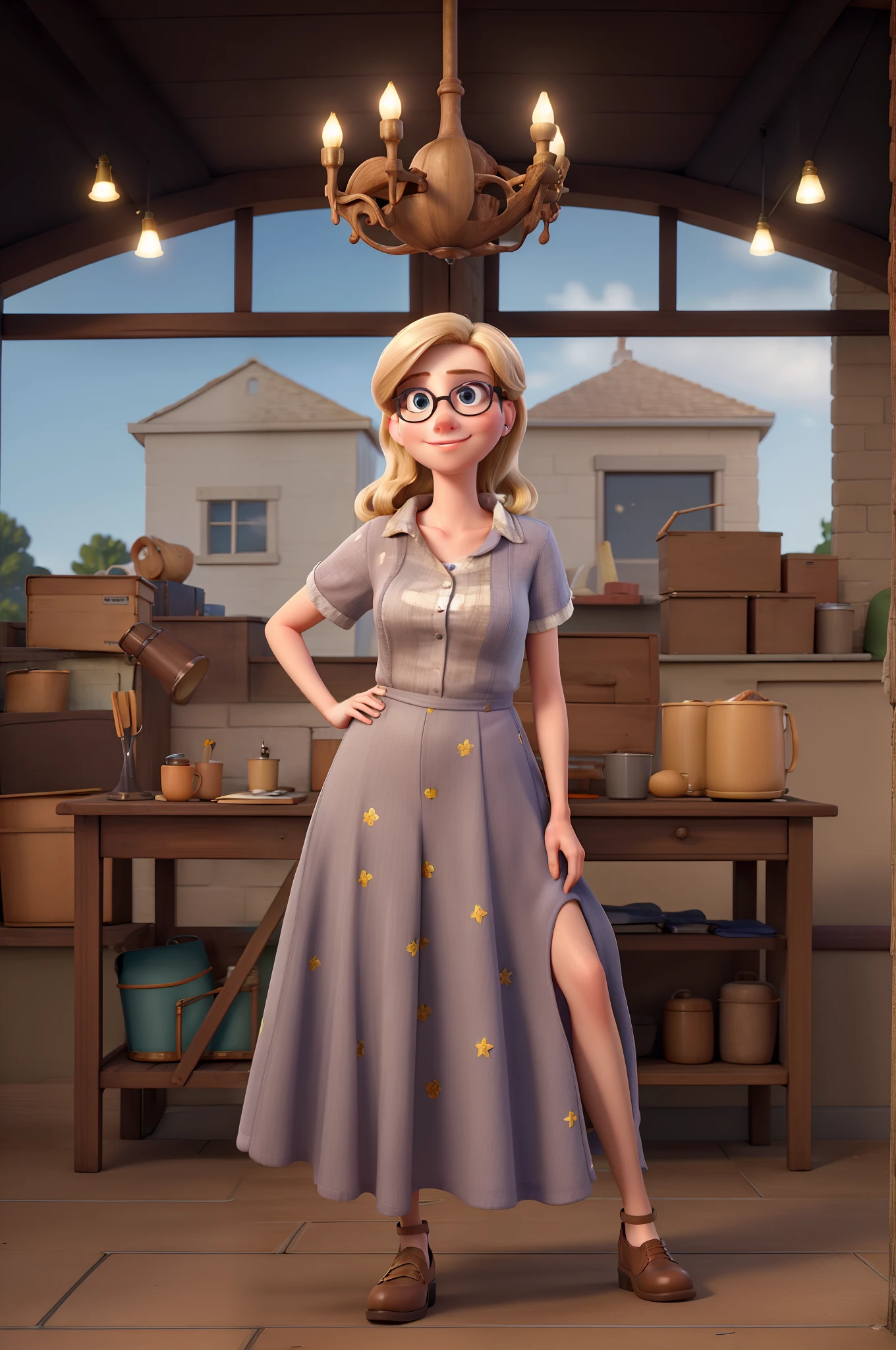 masterpiece, best quality, Disney Pixar blond young woman with glasses on