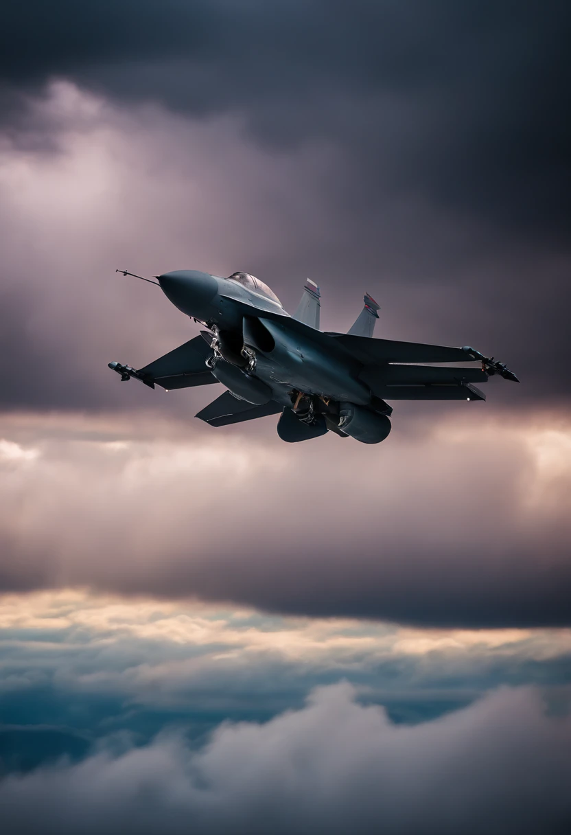 fighter jet flying through the clouds of a thunderstorm