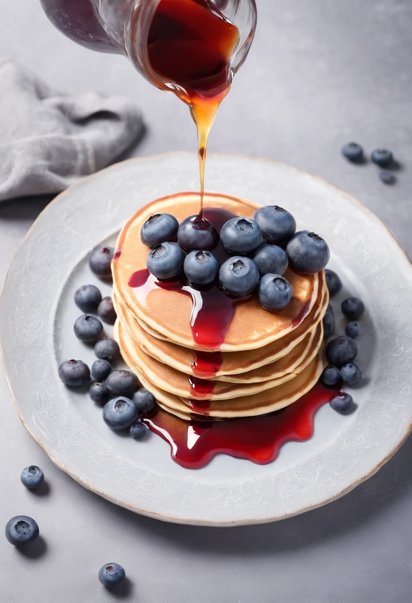 delicous pancakes with dripping syrup and blueberries