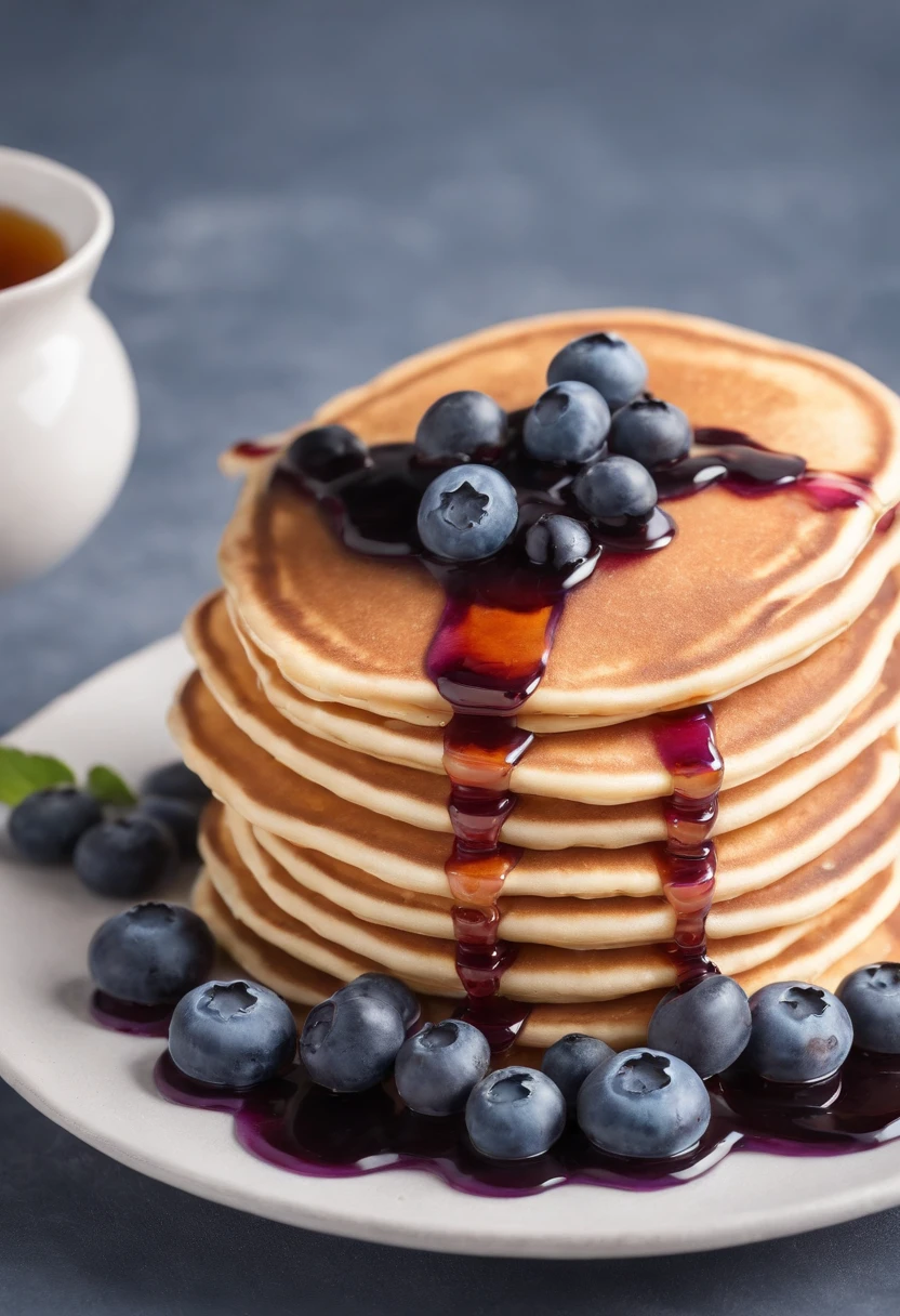 delicous pancakes with dripping syrup and blueberries