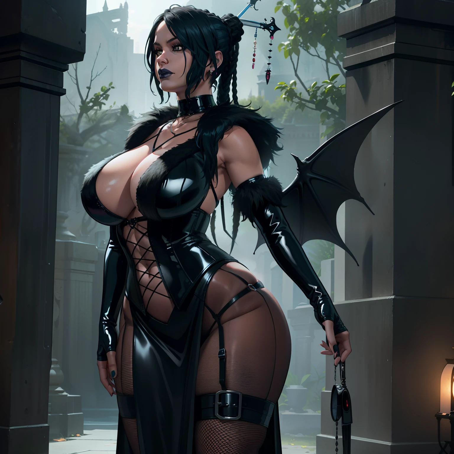 (best quality,4k,8k,highres,masterpiece:1.2),ultra-detailed,(realistic,photorealistic,photo-realistic:1.37),curvy Gothic female wearing sexy fur lined dress,blue hair,thicc, pussy visible no panties, close up of luscious pussy, wearing fishnets,nsfw,lewd,black lipstick,wearing leather goth outfit,large demonic wings,portrait,grim,dark fantasy,femme fatale,gothic style,vibrant colors,soft lighting