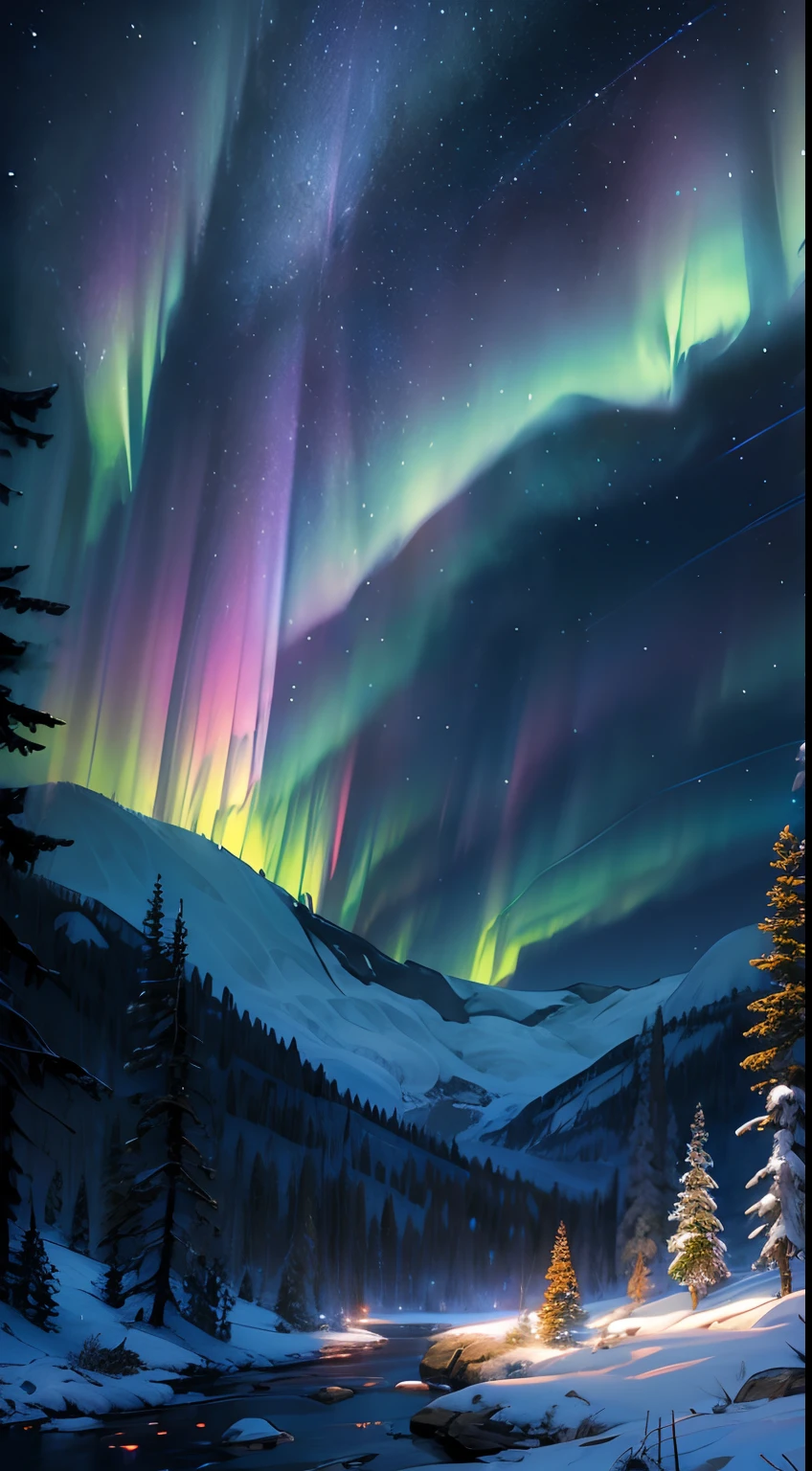 (best quality,highres,masterpiece:1.2),ultra-detailed,realistic,photorealistic:1.37, portraits,landscape,colorful, vibrant colors, mesmerizing lighting, ethereal atmosphere, breathtaking aurora that fills the sky, vivid hues blending seamlessly, intricate brushwork, fine details, textured brushstrokes, captivating scene, serene and peaceful, awe-inspiring natural phenomenon, majestic mountains in the background, snow-covered ground, stars twinkling above, distant trees silhouetted against the vibrant sky, magical and otherworldly ambiance, cold crisp air, delicate and graceful movements of the aurora, gentle breeze rustling the foliage, sense of tranquility and wonder.
