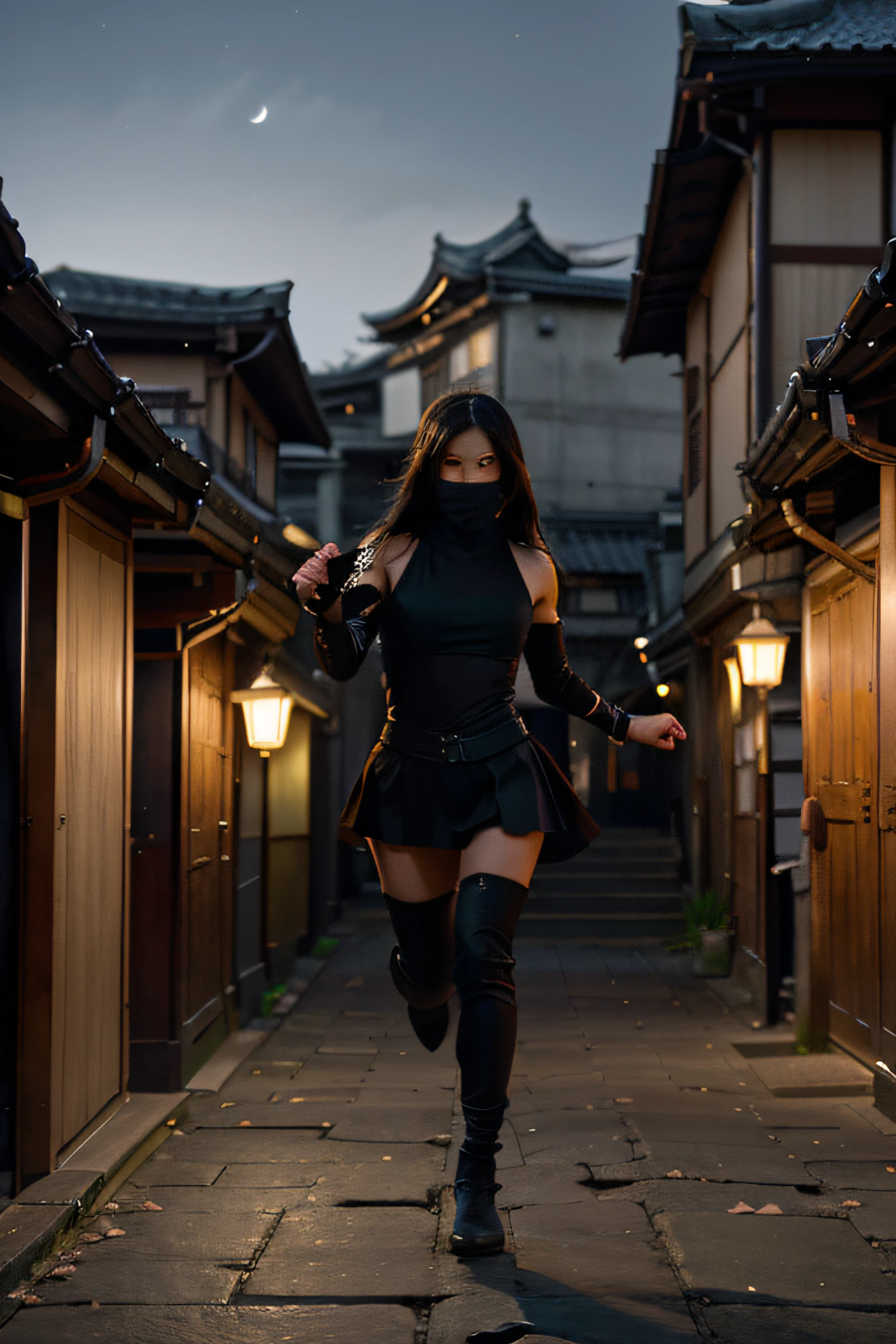 At night, a ninja warrior gracefully moves through the ancient streets of Japan. Dressed in a traditional black attire, they blend into the shadows, their steps silent and calculated. The moonlight casts a faint glow on their face, revealing their focused gaze and determined expression. Surrounded by towering ancient buildings, the ninja leaps effortlessly from rooftop to rooftop, displaying their agility and prowess. The scene is bathed in a cool, mysterious atmosphere, enhanced by the deep darkness of the night. The crisp night air carries the scent of cherry blossoms, adding a touch of delicate beauty to the otherwise formidable setting. The narrow streets below are empty, except for a few flickering lanterns that cast gentle, warm light on the path ahead. As the ninja ventures deeper into the heart of the city, the tension rises, and anticipation fills the air. The prompt captures the essence of this mystical and captivating scene, setting the stage for Stable Diffusion to generate a high-quality image. (best quality, highres), (ultra-detailed, realistic), (portraits, concept artists), (vivid colors), [anime], (moonlit, melancholic), [soft-focus], [subtle shadows], (ancient architecture), [quiet streets], (cherry blossom scent).