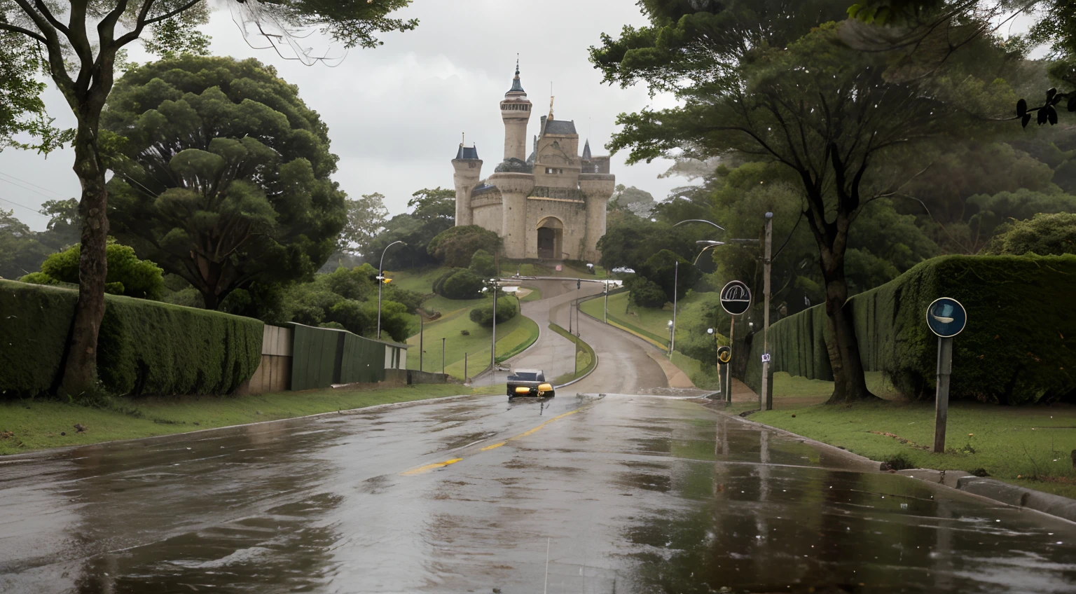 chuva forte na estrada para o castelo, Heavy rain humid environment