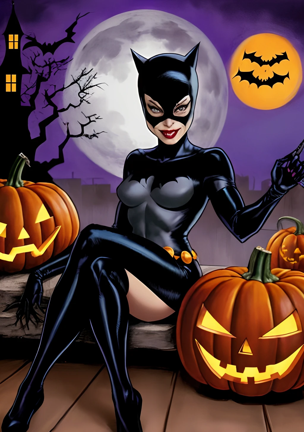 Halloween da Catwoman estilo DC Comics by Jim lee, Batman at Halloween party, With a Catwoman, witches and pumpkins
