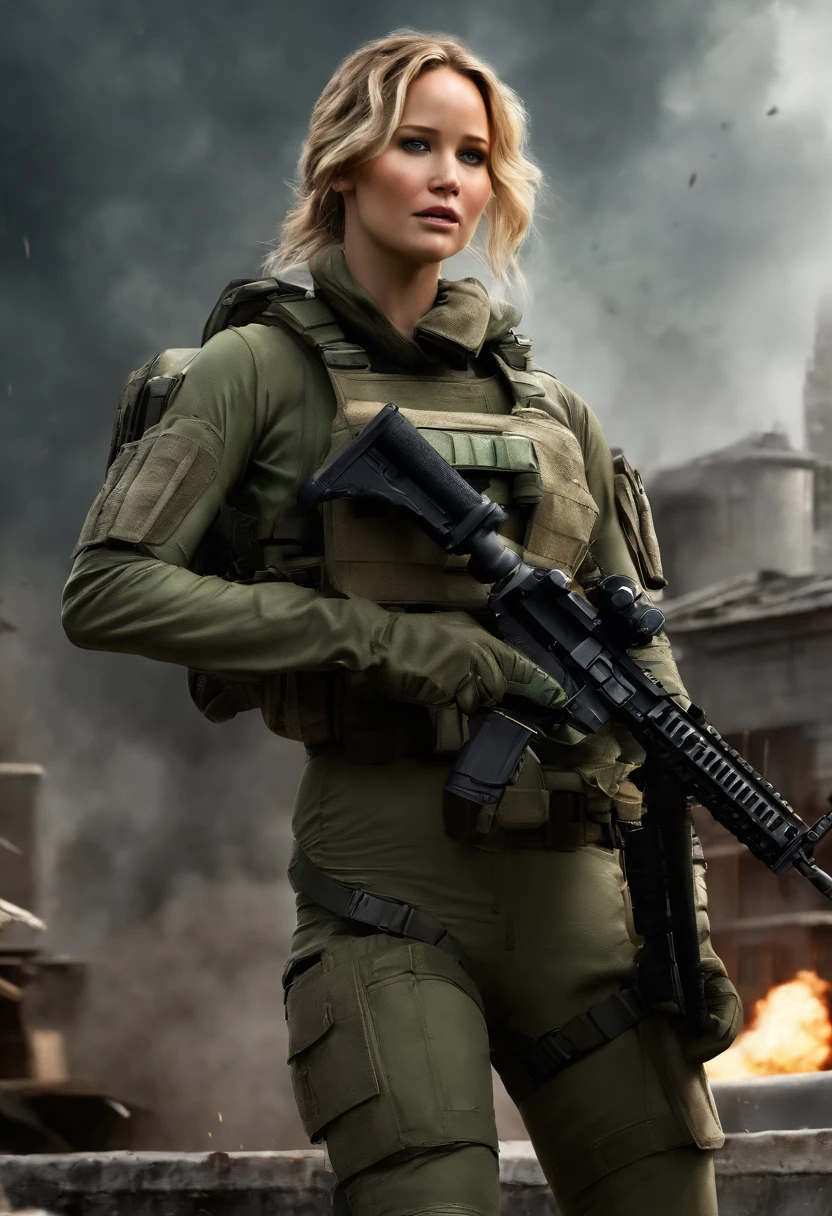 Jennifer Lawrence in special force suit, natural breast, high resolution, realistic art, fighting zombies, 1 mature female, 1 milf, solo, in roof top, green blood splatter, serious face, mouth closed ray tracing, perfect lighting, perfect detail,nude
