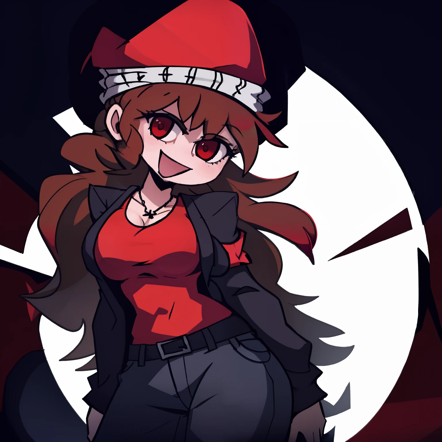 HypnoLullabyGF, 1girl, hat, solo, brown hair, jacket, red headwear, pants, smile, red shirt, black eyes, open mouth, black jacket, large breasts, very long hair , looking at viewer