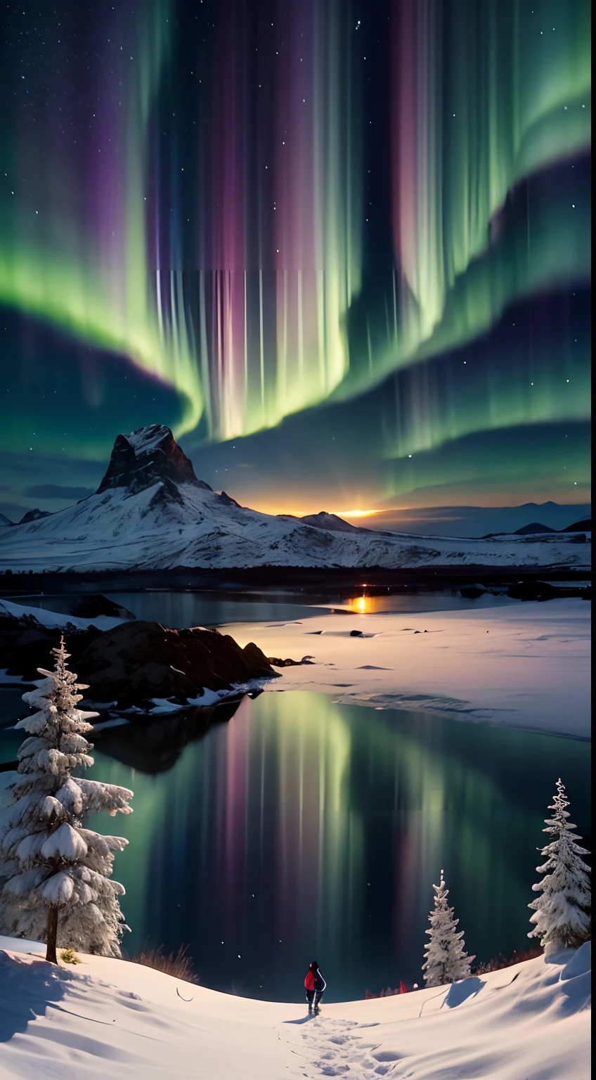 (Best quality,A high resolution,Masterpiece:1.2),Ultra-detailed,Realistic,Photorealistic:1.37, sportrait,landscape,Colorful, Vibrant colors, Mesmerizing lighting, Ethereal atmosphere, Breathtaking auroras,Fill the sky, Vibrant hues blend seamlessly, Complex brushstrokes, Fine details, Textured brushstrokes, charming scene of a, serenity and calm, Awesome natural phenomenon, Majestic mountains in the background, Snow-covered ground, Stars twinkle above, Silhouette of trees in the distance in the vibrant sky, Magical and otherworldly atmosphere, Cool air, Aurora's delicate and graceful movements, The gentle breeze rustles the leaves, A sense of tranquility and wonder.