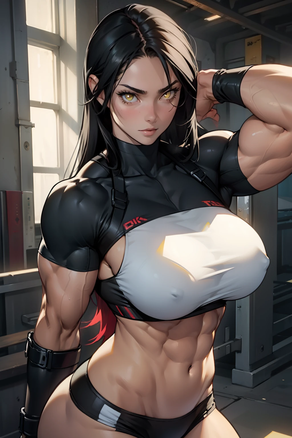 ((((muscular 1 girl)))), huge breasts, toned body, black hair, pale skin, yellow eyes, very long hair,