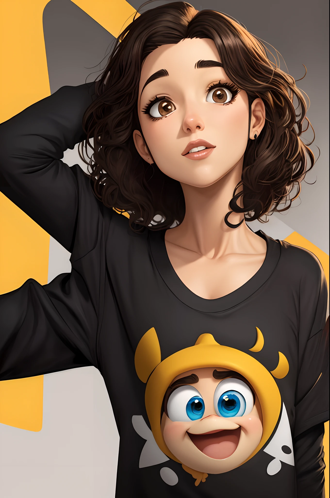 Criar uma personagem de desenho como os da dysney pixar. Loira , cabelos lisos, olhos castanho. Vestindo camiseta preta. E segurando um celular