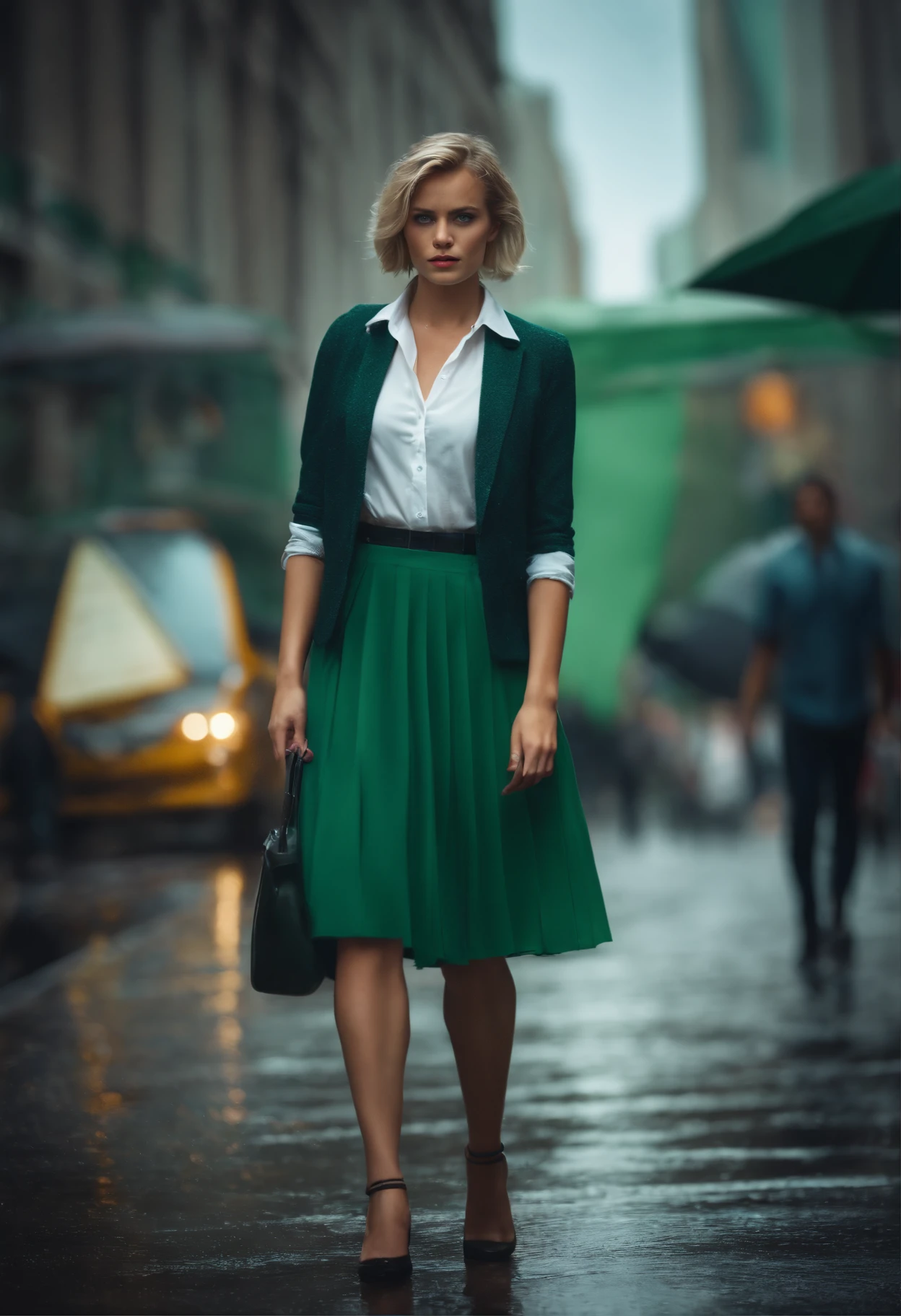 1girl in, a blond, Short hair, Blue eyes, White shirt, Green tie, Green skirt, city, Rain, Detailed background