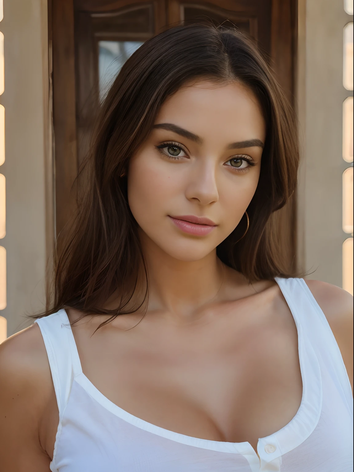 Photo of a stunning girl, at a mall, letho, Hot Girl, (((Small bust))), brunette hair, Long_Hair, Symmetrical facial, Photorealistic, photografic, spectacular lighting,, Gorgeous, cleavage, Western, (masterpeace), Best Quality, High Resolution, Extremely detailed, Skin with pores, Depth of field, Cinematic lighting