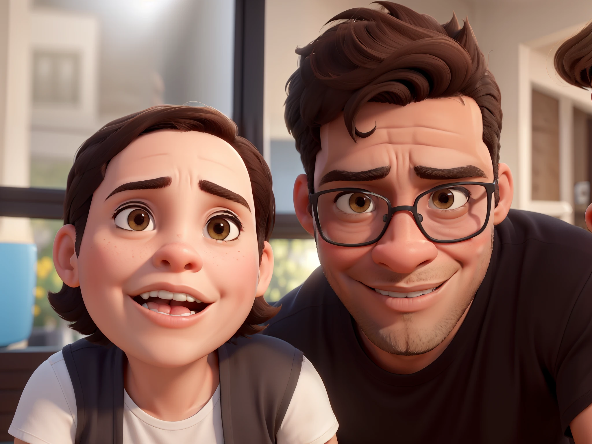 On the right is a 35-year-old man with brown skin and short hair and on the right a 1-year-old girl without glasses, piel blanca, cabello largo oscuro sacando la lengua. Los lentes del hombre de formato redondo