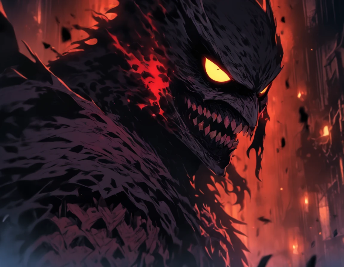 A detailed picture，Depicted in a dilapidated city，Countless people looked at the monster with a terrifying face