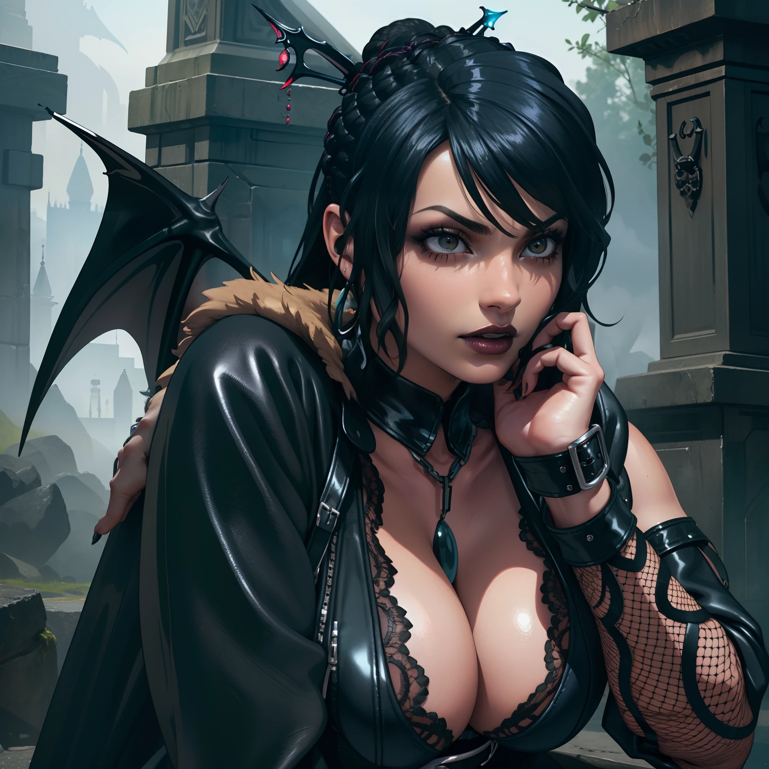 (best quality,4k,8k,highres,masterpiece:1.2),ultra-detailed,(realistic,photorealistic,photo-realistic:1.37),curvy Gothic female wearing sexy fur lined dress,blue hair,thicc, pussy visible no panties, close up of luscious pussy, wearing fishnets,nsfw,lewd,black lipstick,wearing leather goth outfit,large demonic wings,portrait,grim,dark fantasy,femme fatale,gothic style,vibrant colors,soft lighting