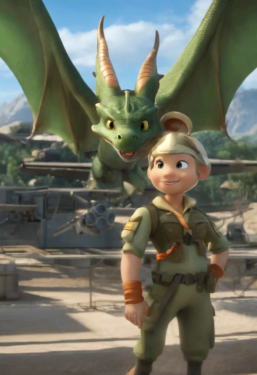 create a 3d pixar style poster with a text "Dragon Pilot" with Masotan which is a blue colored dragon with huge wings, long tail and long neck with orange lines on the tips of the wings, on the tip of the tail and on the neck, it is honest and serious and is 8 meters long height, standing next to and looking at a female character called Hisone who is 16 years old and who wears a green Japanese army (JASDF) costume and has short hair, and who is in front of a military hangar