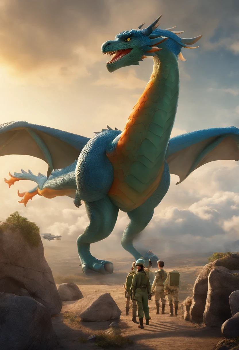 create a 3d pixar style poster with a text "Dragon Pilot" with Masotan which is a blue colored dragon with huge wings, long tail and long neck with orange lines on the tips of the wings, on the tip of the tail and on the neck, it is honest and serious and is 8 meters long height, standing next to and looking at a female character called Hisone who is 16 years old and who wears a green Japanese army (JASDF) costume and has short hair, and who is in front of a military hangar