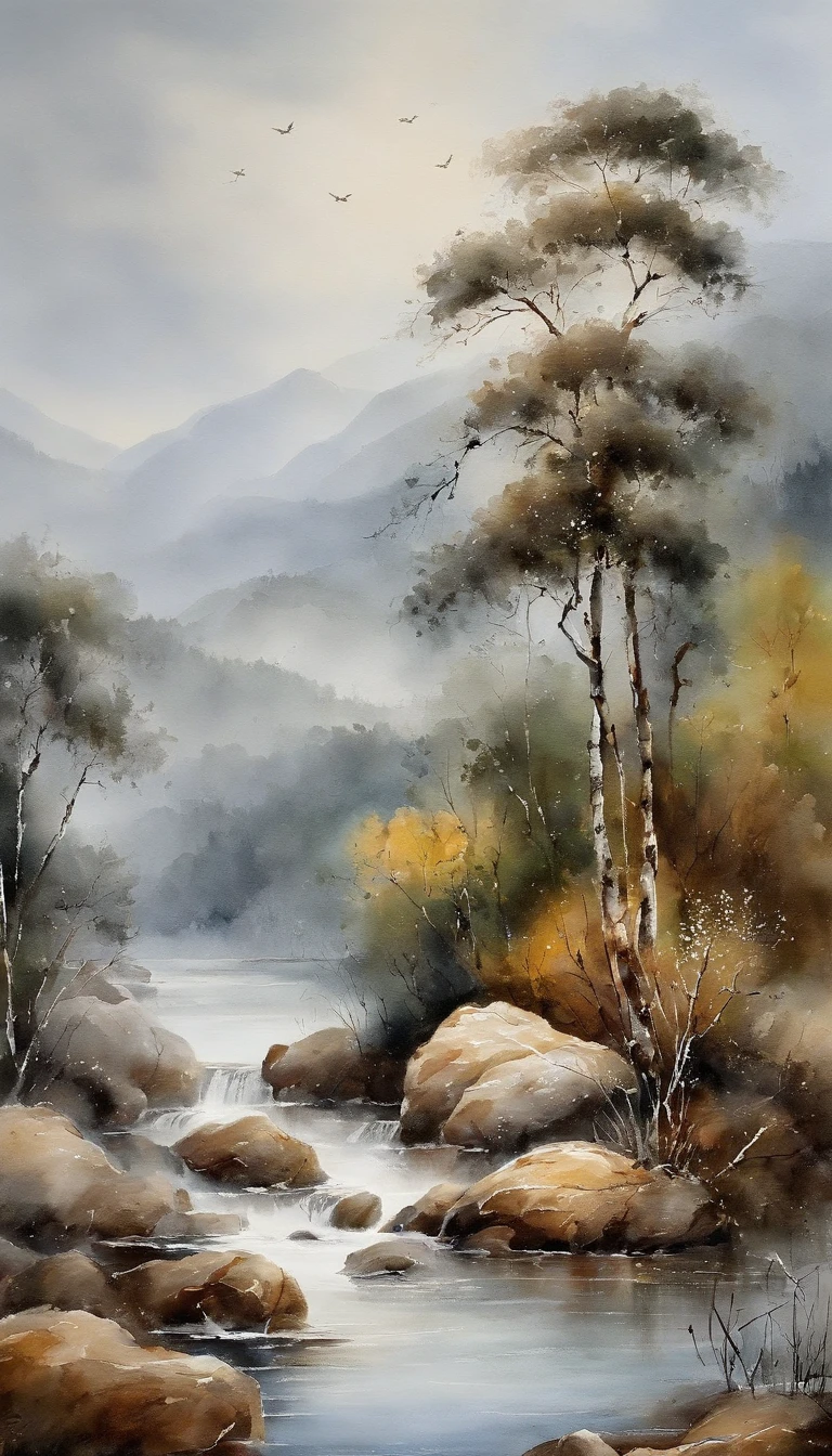 Pintura de paisagem chinesa，pintura a tinta e aquarela，water ink，tinta，Mancha，Vista distante，Ultra-wide viewing angle，meticuloso，Vistas do barco de pesca，meticuloso，Mancha，low saturation，baixo contraste，Pescando sozinho na neve fria do rio，paisagem de neve，lindamente retratado，um detalhado，acurate，Obras de mestres，tmasterpiece