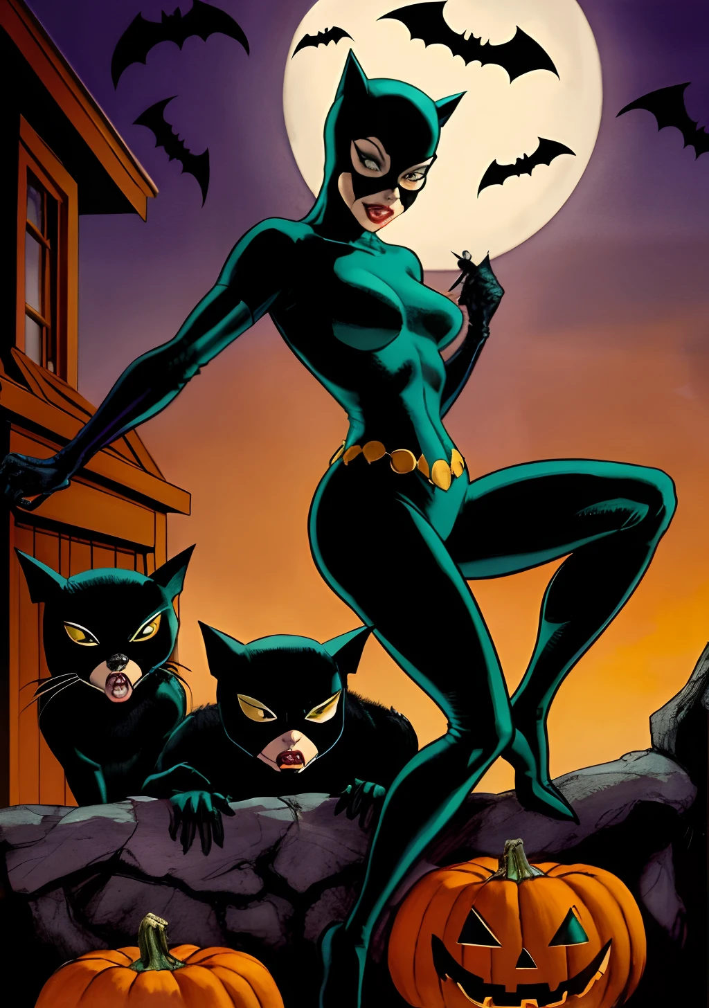 Halloween da Catwoman estilo DC Comics by Jim lee, Batman at Halloween party, With a Catwoman, witches and pumpkins