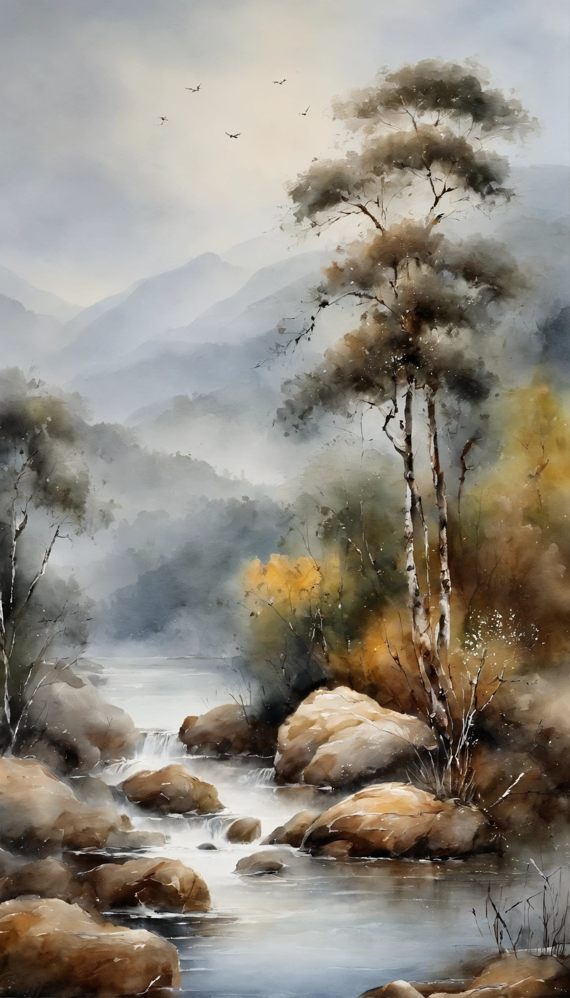 Pintura de paisagem chinesa,pintura a tinta e aquarela,water ink,tinta,Mancha,Vista distante,Ultra-wide viewing angle,meticuloso,Vistas do barco de pesca,meticuloso,Mancha,low saturation,baixo contraste,Pescando sozinho na neve fria do rio,paisagem de neve,lindamente retratado,um detalhado,acurate,Obras de mestres,tmasterpiece