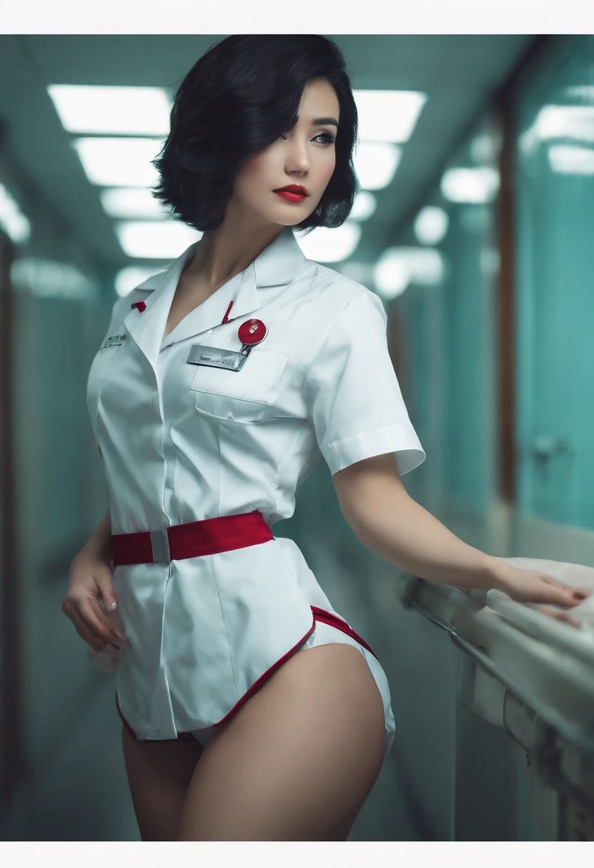 (Best Quality,hight resolution,Masterpiece, full body shot:1.2),Ultra-detailed,nurse woman dressed in white high waisted g-string thong,sickly,standing in the hall of a creepy asylum, fishnet lace stockings, super high waisted g-string thong, creepy nurse, abandoned asylum, psychiatric hospital, she's wearing a nurse hat, full body shot, bruised straitjacket, centered subject,gloomy ecstasy,fetish,dark gloomy atmosphere, creepy atmosphere, gritty texture,Retro-atmosphere,warped reality,melancholic expression on his face,mysterious aura,foggy atmosphere,foggy background,Subtle color palette,provocative pose,Strong emotions,Coming Out of the Depths of Despair,Piercing gaze,intense shadows,Plunged in Darkness,dark industrial aesthetic,ominous vibe,A supernatural sensation,Loss of Place in Time and Space,Eerie silence.asymmetrical bangs, freckles, black short hair, Bangs, freckles, gray eyes,