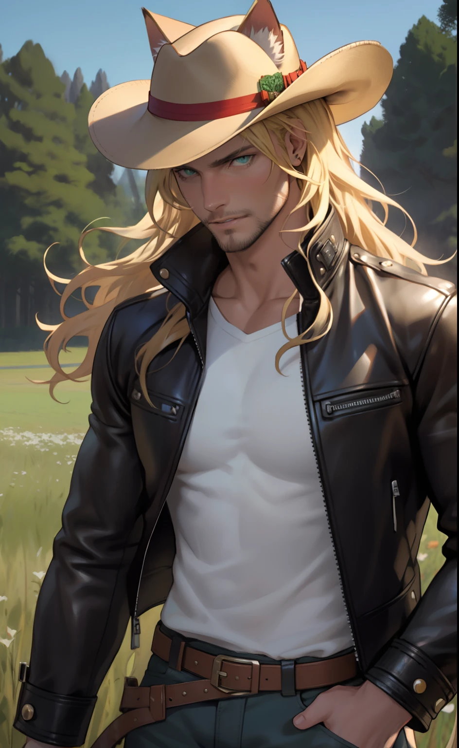 leather jacket, one male, cat ears, long hair, blond, blond hair, green eyes, tall, muscular, white shirt, beautiful face, highest quality, masterpiece, 2d, anime, perfect face, highest detail, feline eyes, stubble, cat tail, wavy hair, cowboy shot, detailed face, intricate details, field background, holding cowboy hat, Union jack on jacket
