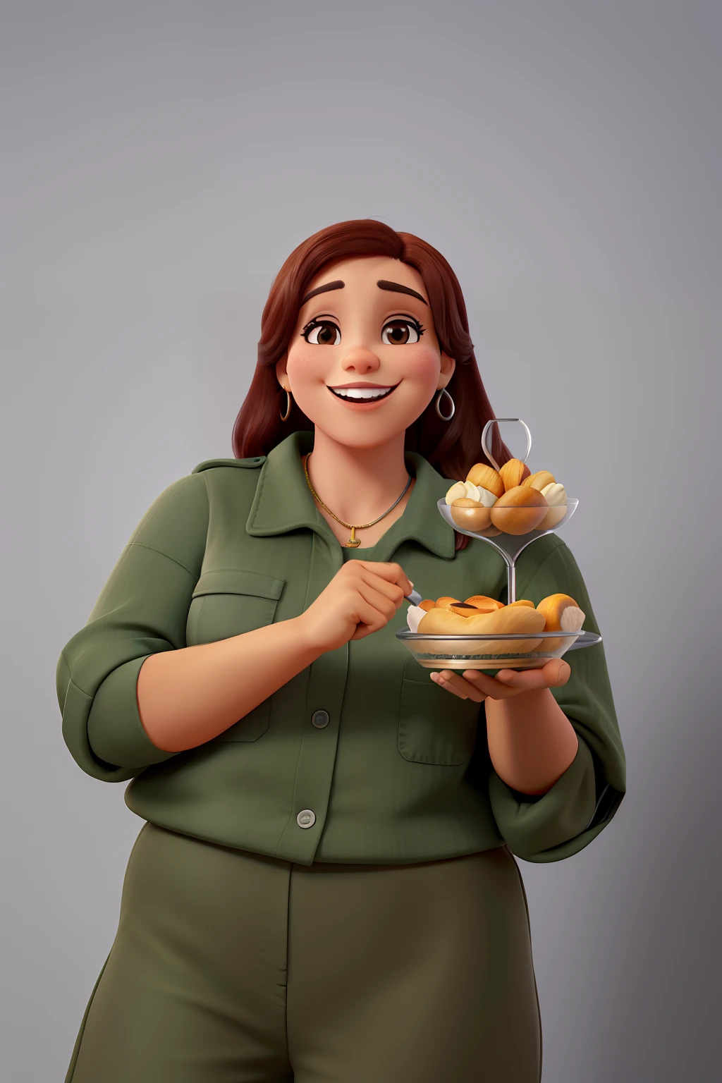Reproduza essa foto com a mulher aparentando ter 40 anoa, sorrindo de aparelho nos dentes e segurando uma bandeja com croissants