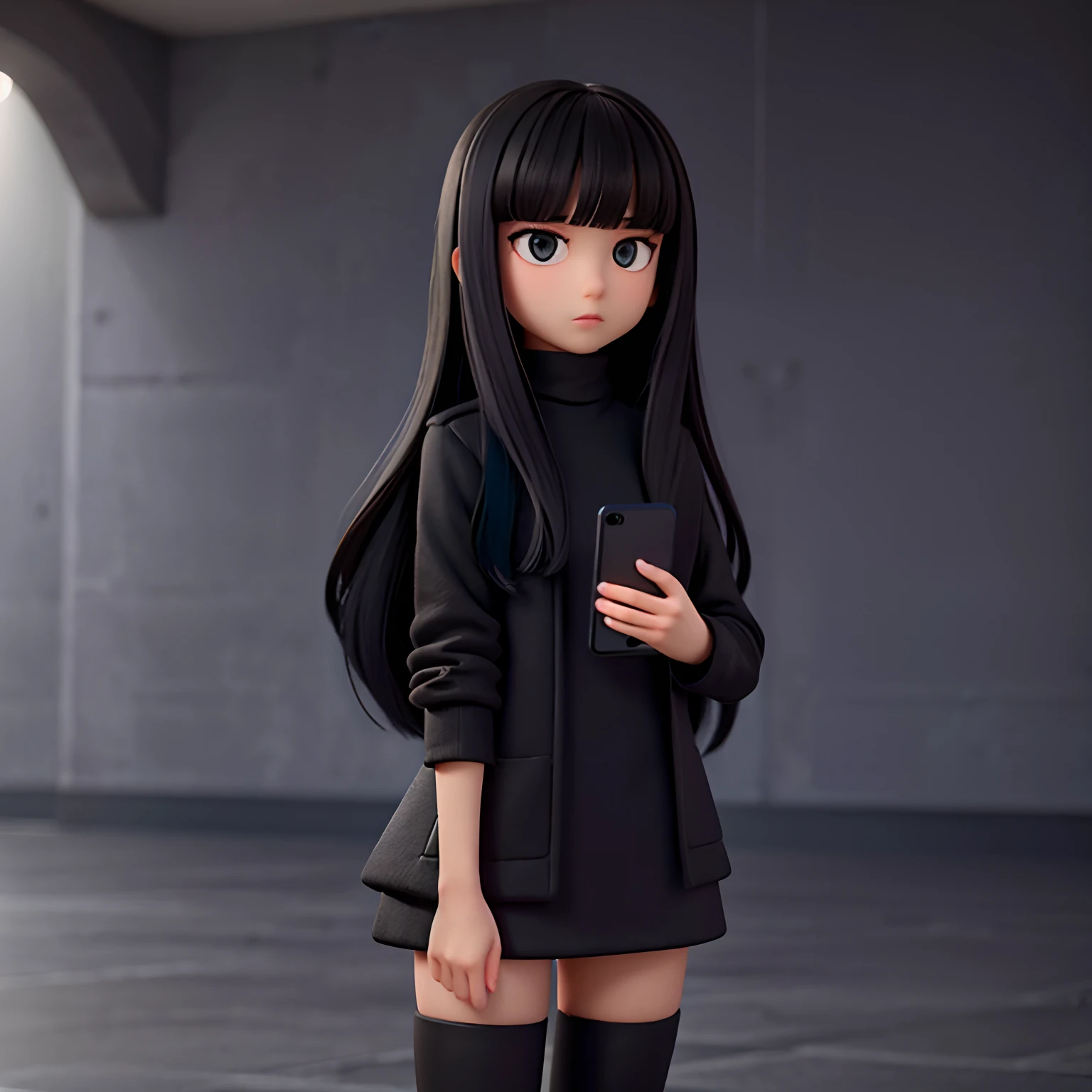 teen girl with black long hair with bangs wearing black overcoat and Black turtleneck holding iPhone 14 showing screen in gray background