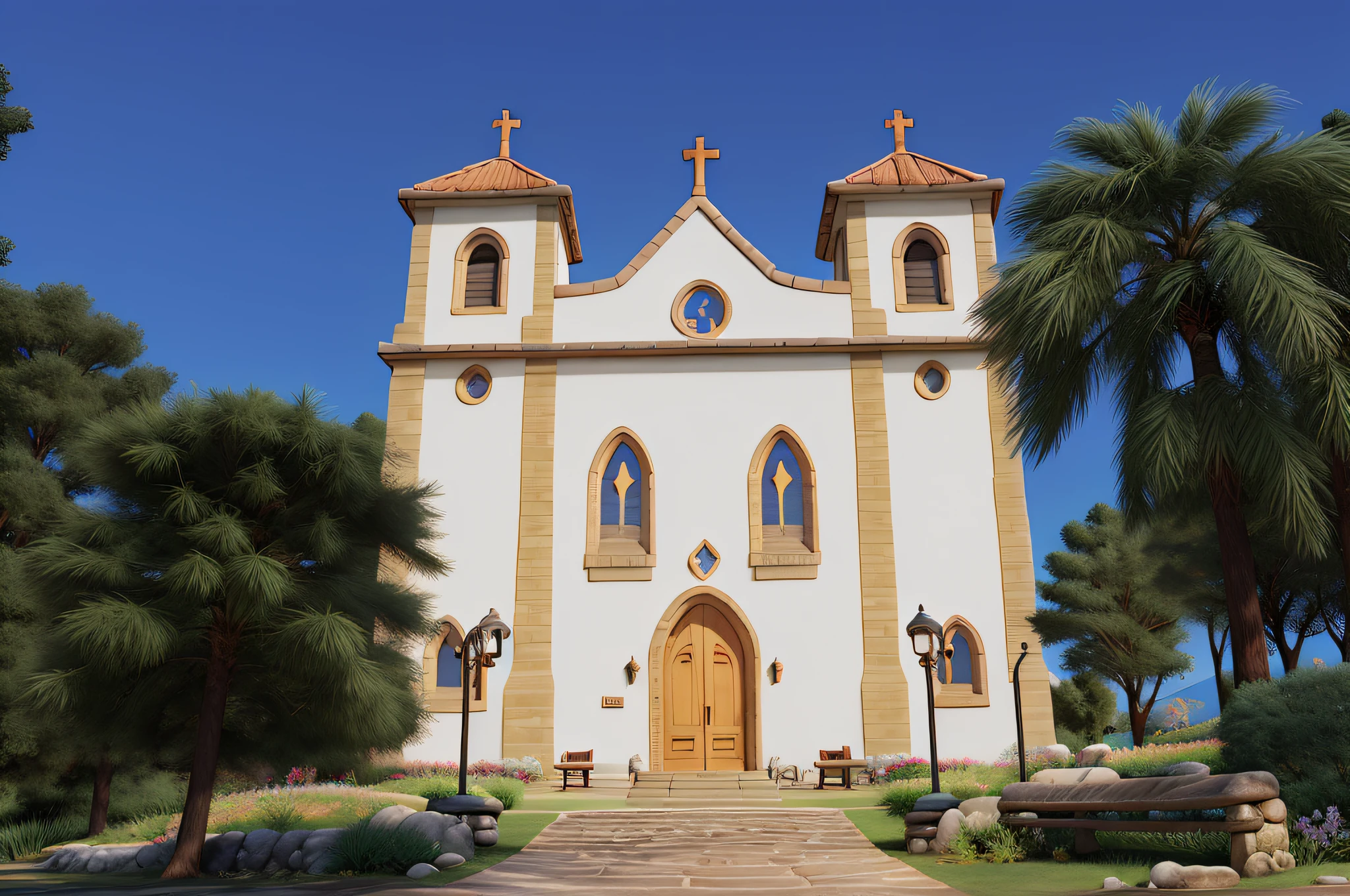 A pixar-style church with mountains in the background and cloud in the sky