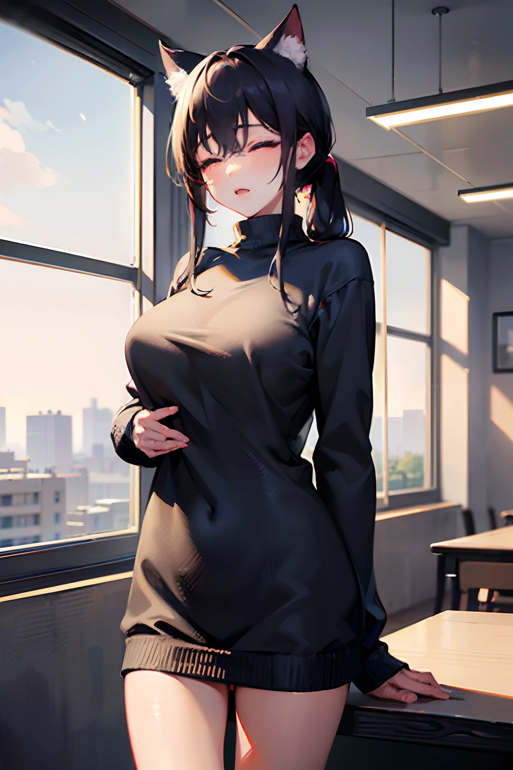 1 girl, Chiori \(genshin impact\), Alone, choker:1.6, White long sleeve shirt with long sleeve collar, black gloves that cover your hands, shiny black leggings, looking at the viewer,, inside, depth of field, expressionless, alley, at night