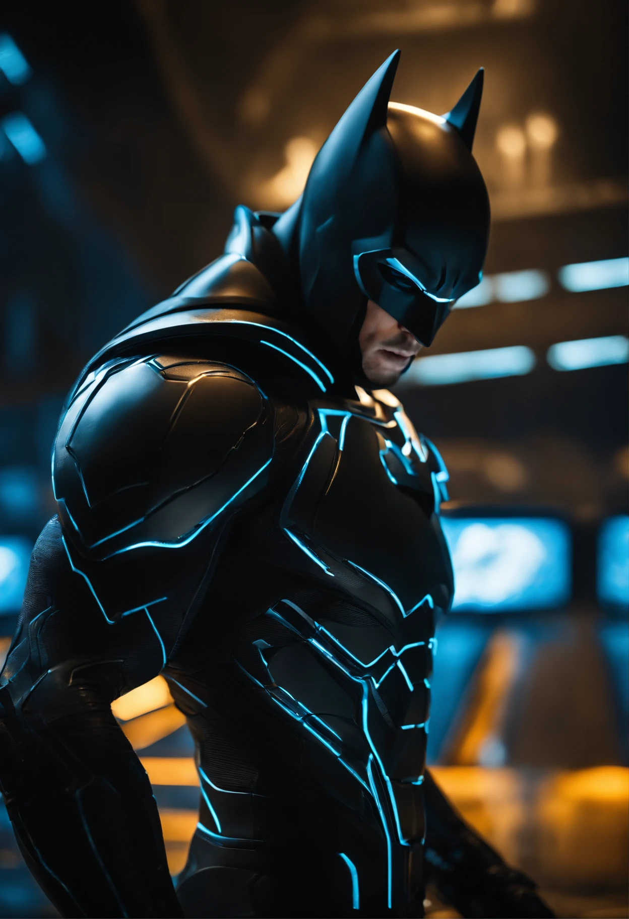 Tron Combined with Batman, tron legacy, battle pose, crystal clear image, intricate details, close up, battle scars, black and amber themed, simulation world, black and blue amber