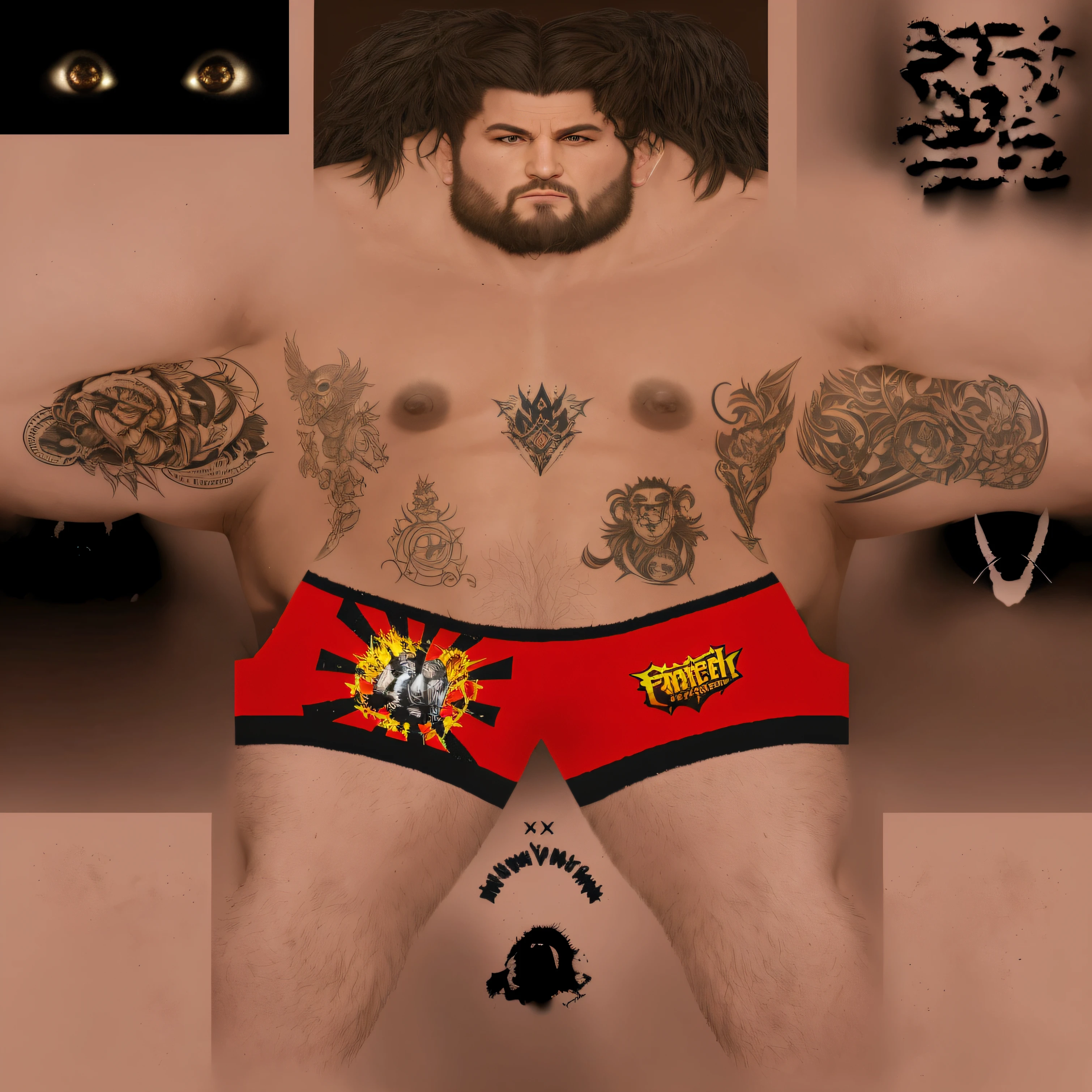 variation style fighter futuristic mma , very high resolution and details texturing like variation color, variation tattoo, texture fighter game, there is a man with tattoos on his chest and arms, inspired by Volkan Baga, mma southpaw stance, ernest khalimov body, khabib, bam margera, full body greg rutkowski, whole body highly detailed, tattooed man, greg rutkowski highly detailed, tattoos all over the skin, fat ripped satanic creature