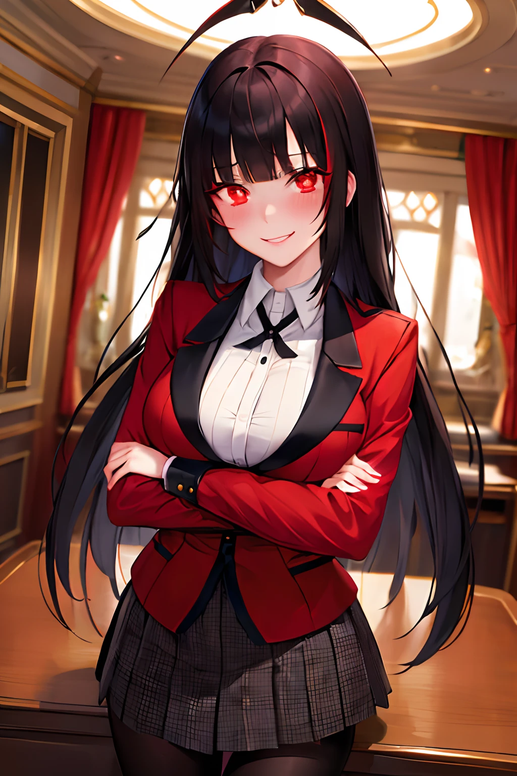 masterpiece, best quality, highres, hmjy1, long hair, blunt bangs, red eyes, school uniform, red jacket, blazer, pantyhose, white shirt, black ribbon, pleated skirt, cowboy shot, indoors, casino, crossed arms, glowing eyes, evil smile, blush