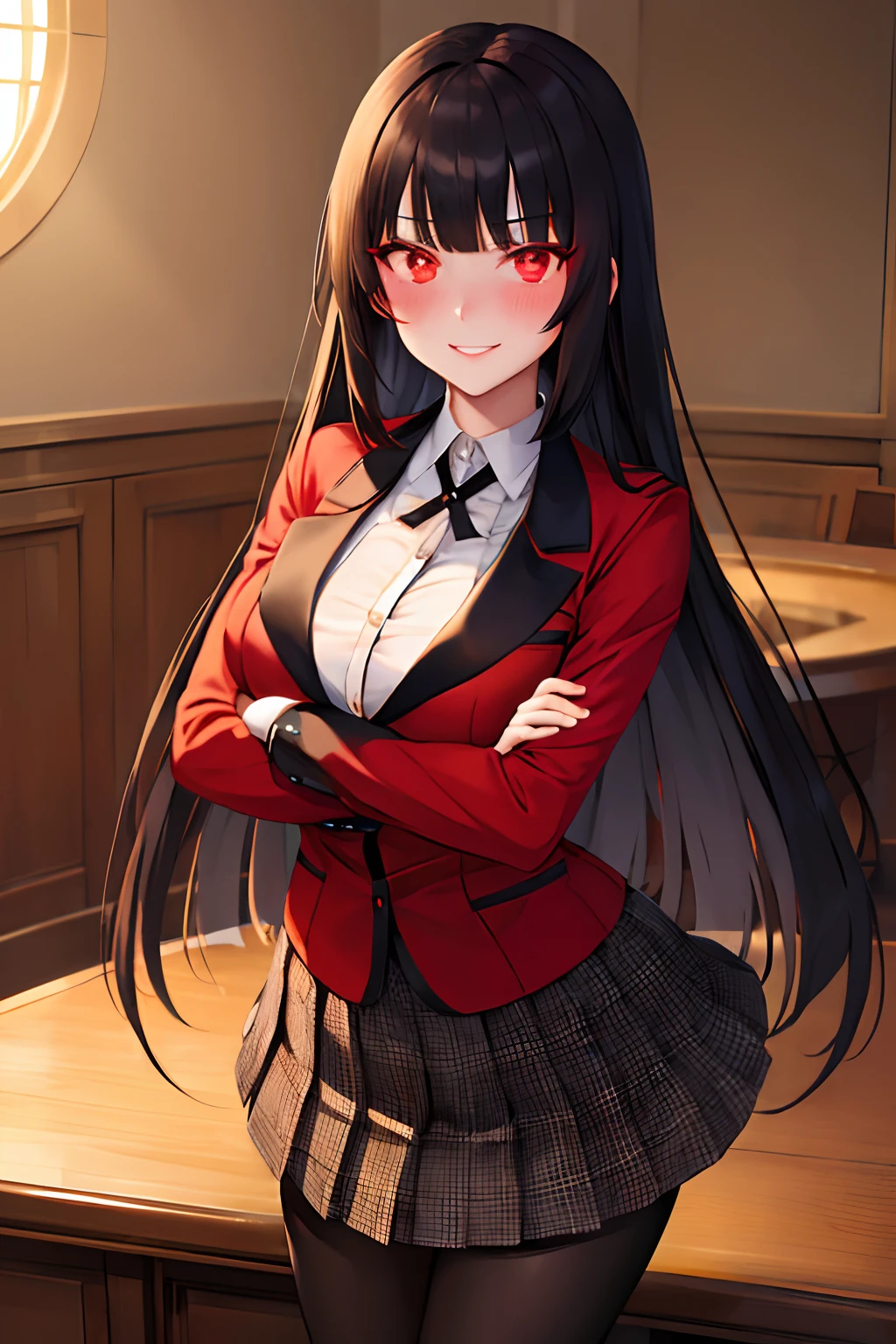 masterpiece, best quality, highres, hmjy1, long hair, blunt bangs, red eyes, school uniform, red jacket, blazer, pantyhose, white shirt, black ribbon, pleated skirt, cowboy shot, indoors, casino, crossed arms, glowing eyes, evil smile, blush